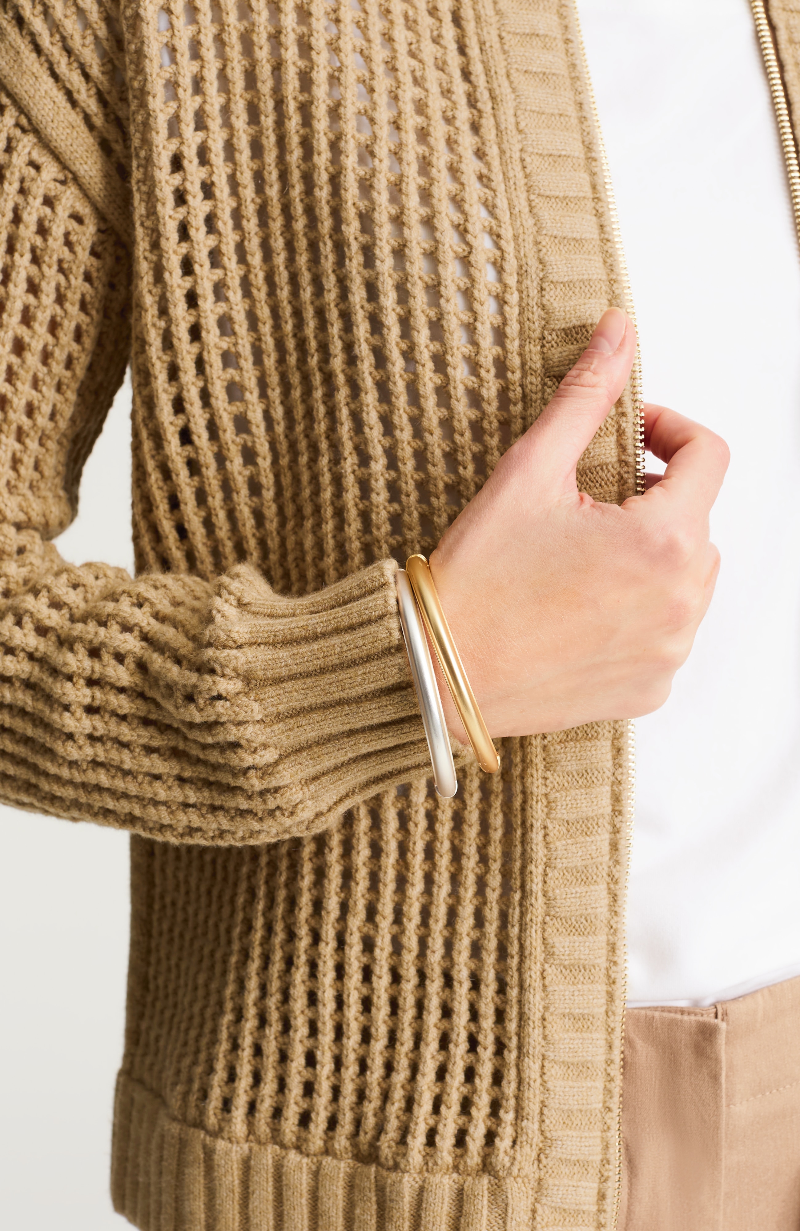 open-stitch zip-front cardi