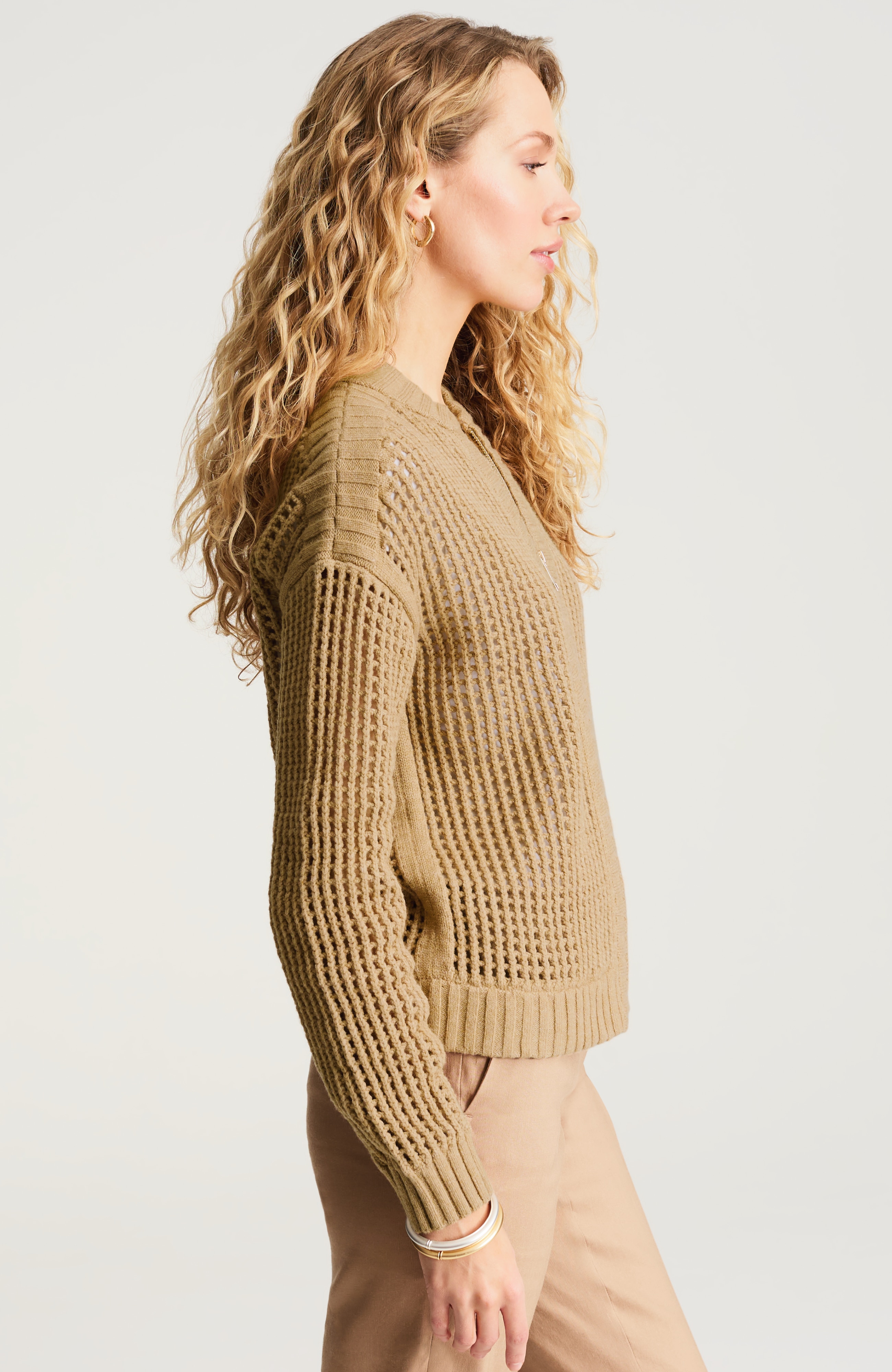 open-stitch zip-front cardi