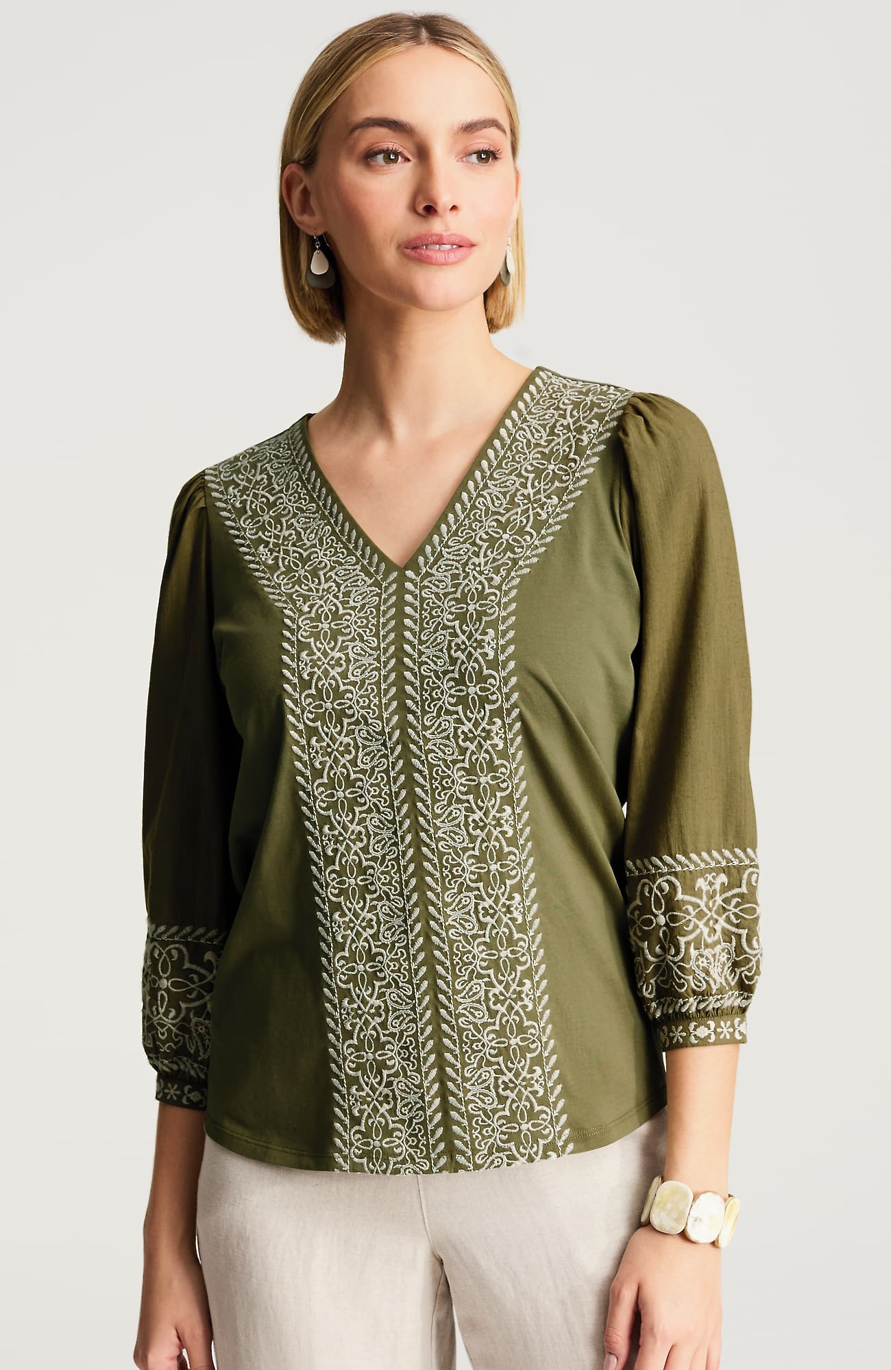 Jjill Petite Pure Jill Embroidered Mixed-media Top In Lichen/barley