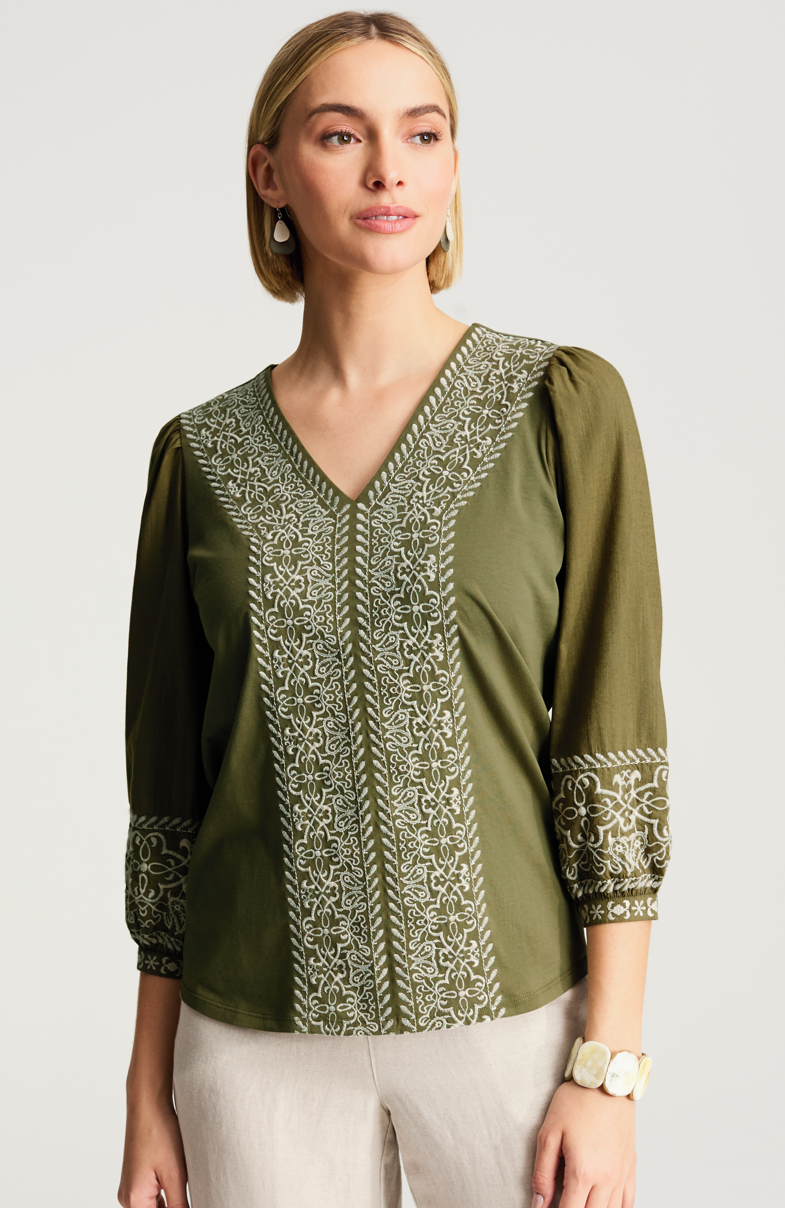 Pure Jill Embroidered Mixed-Media Top