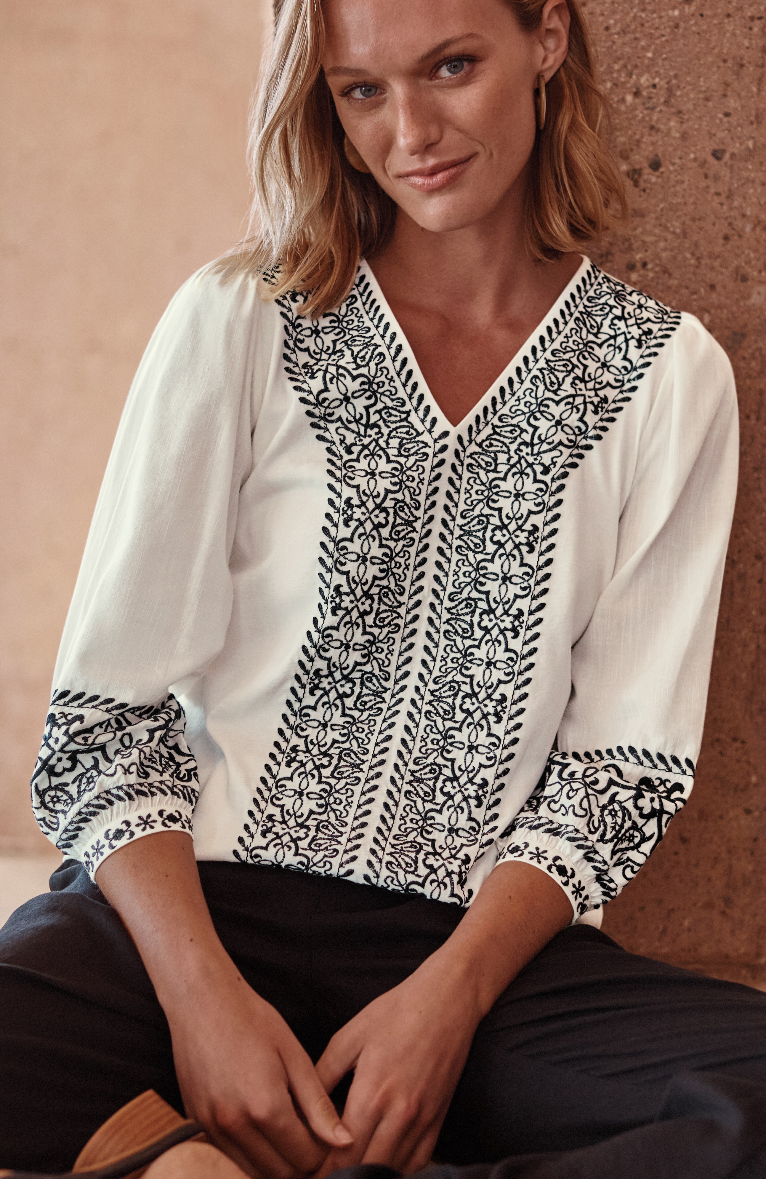 pure jill embroidered mixed-media top