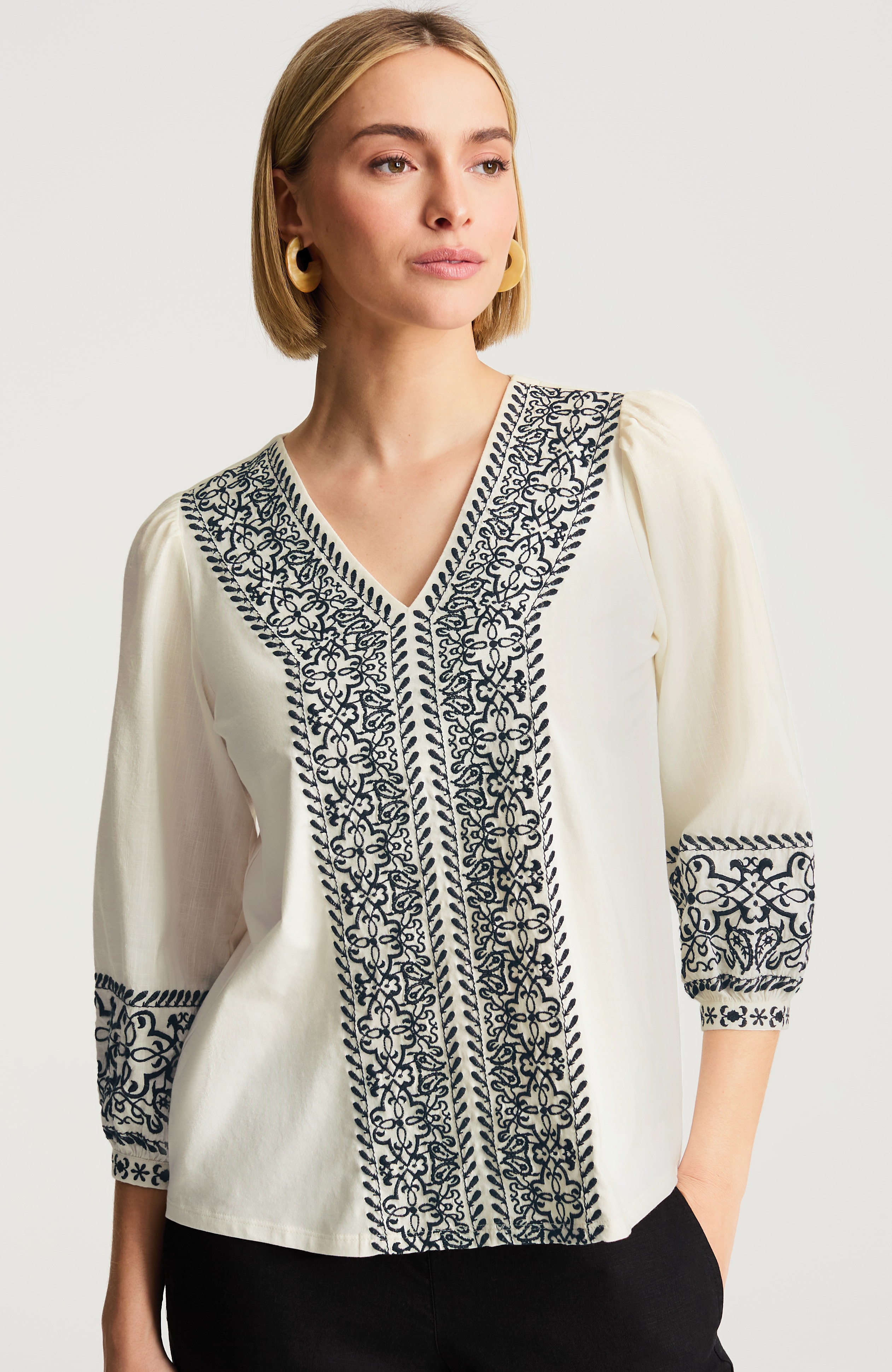 pure jill embroidered mixed-media top