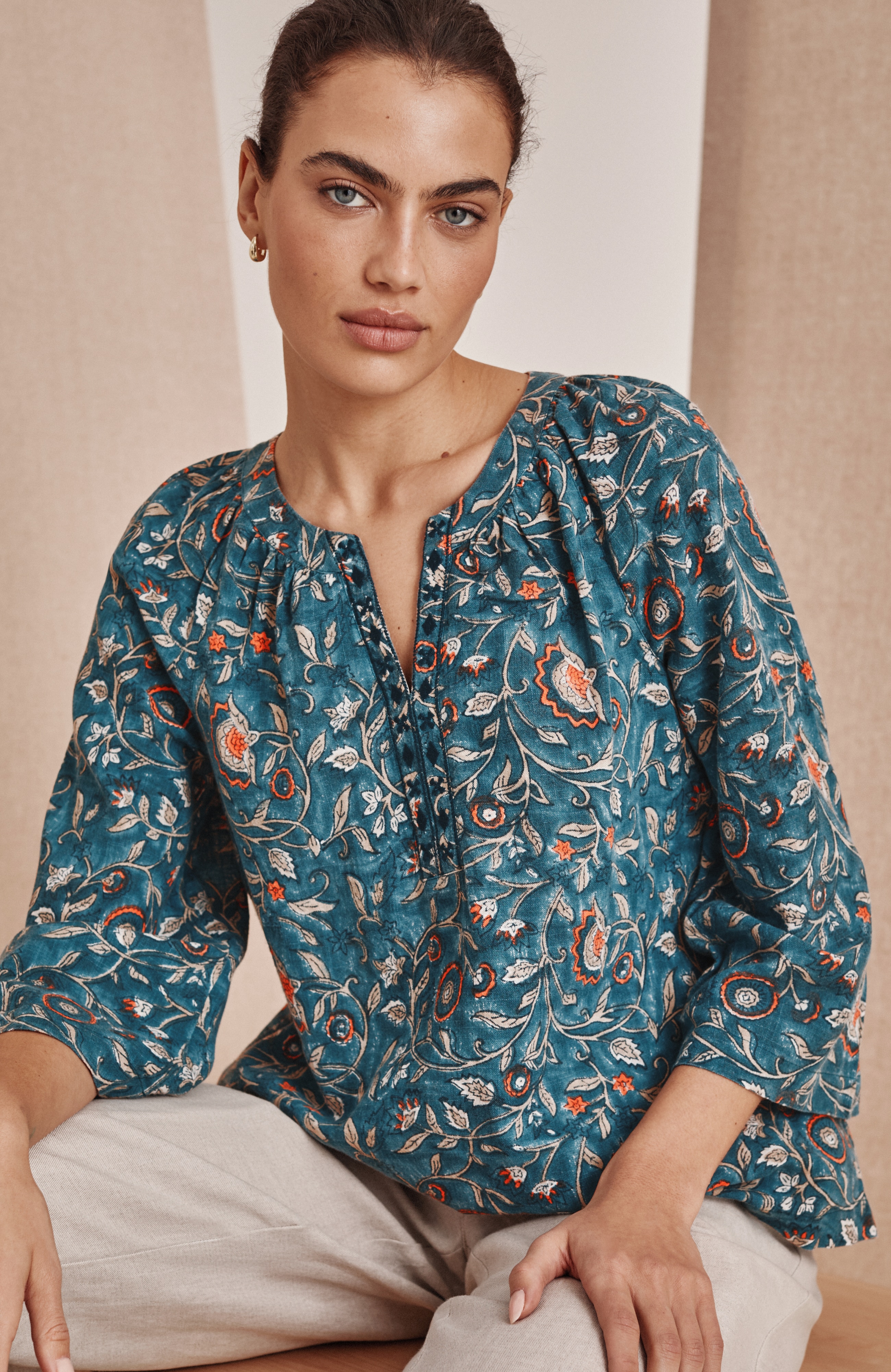 pure jill block-printed embroidered top