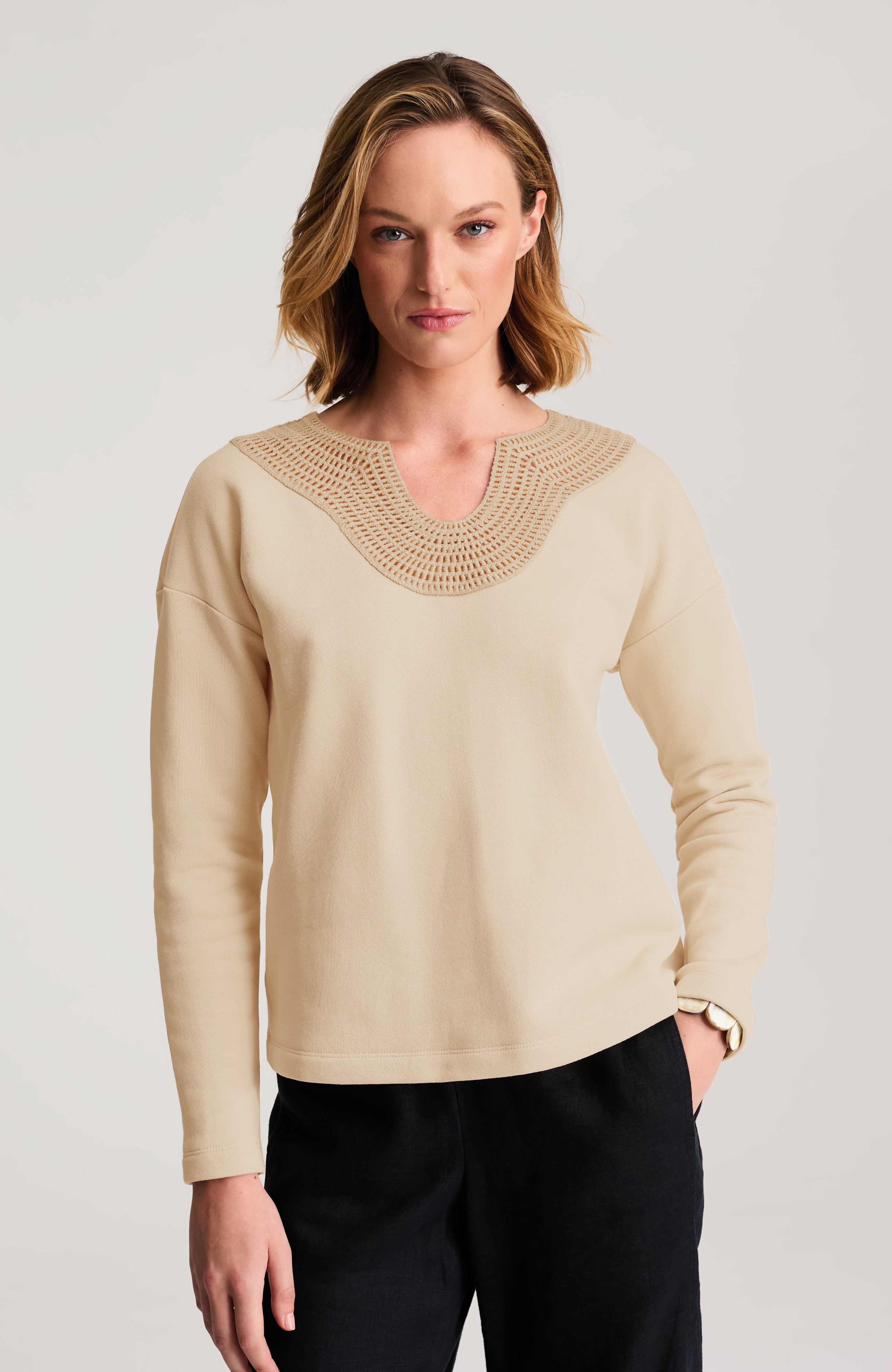 pure jill sweater-trim sweatshirt