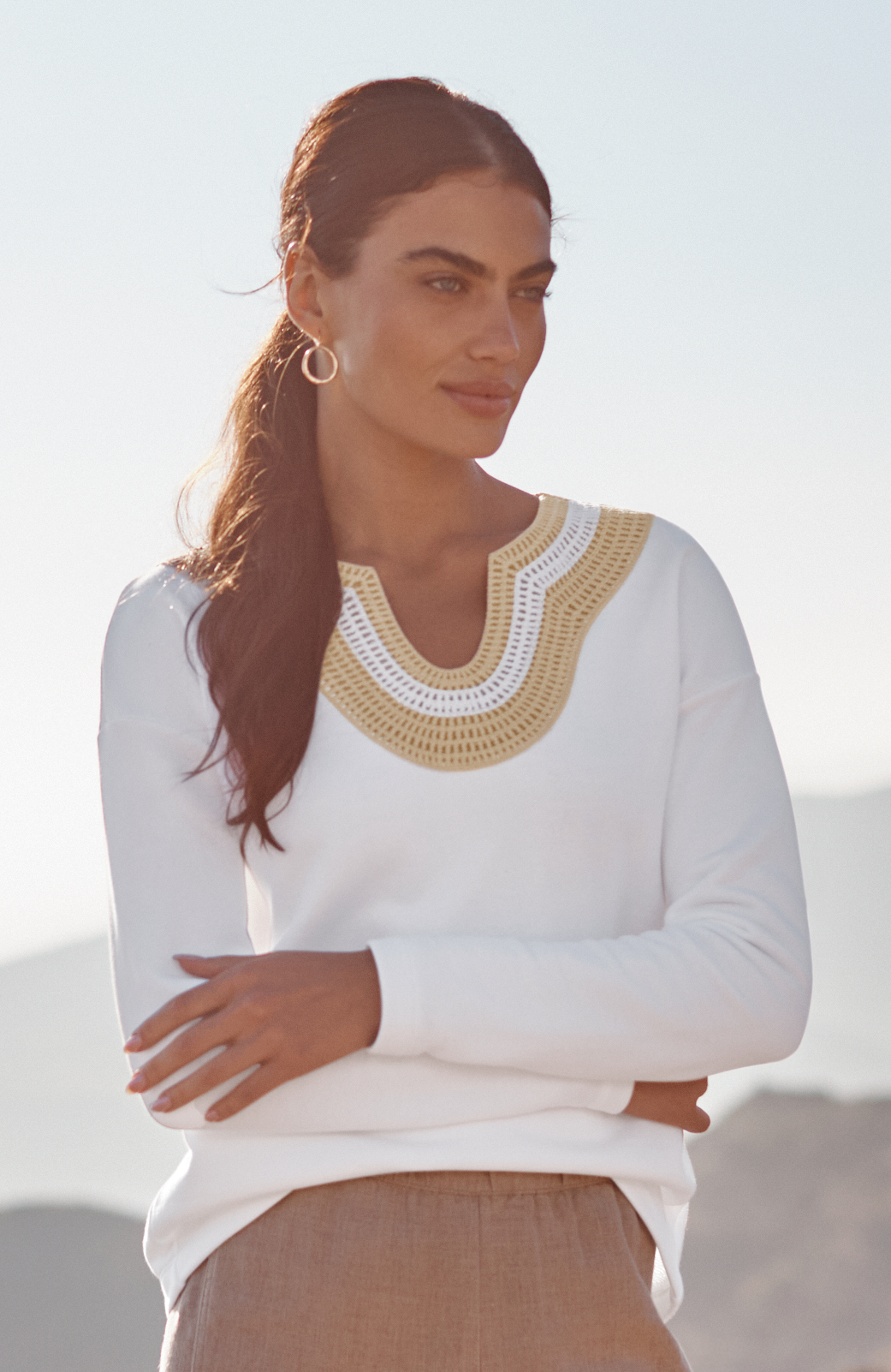 Pure Jill Sweater-Trim Sweatshirt
