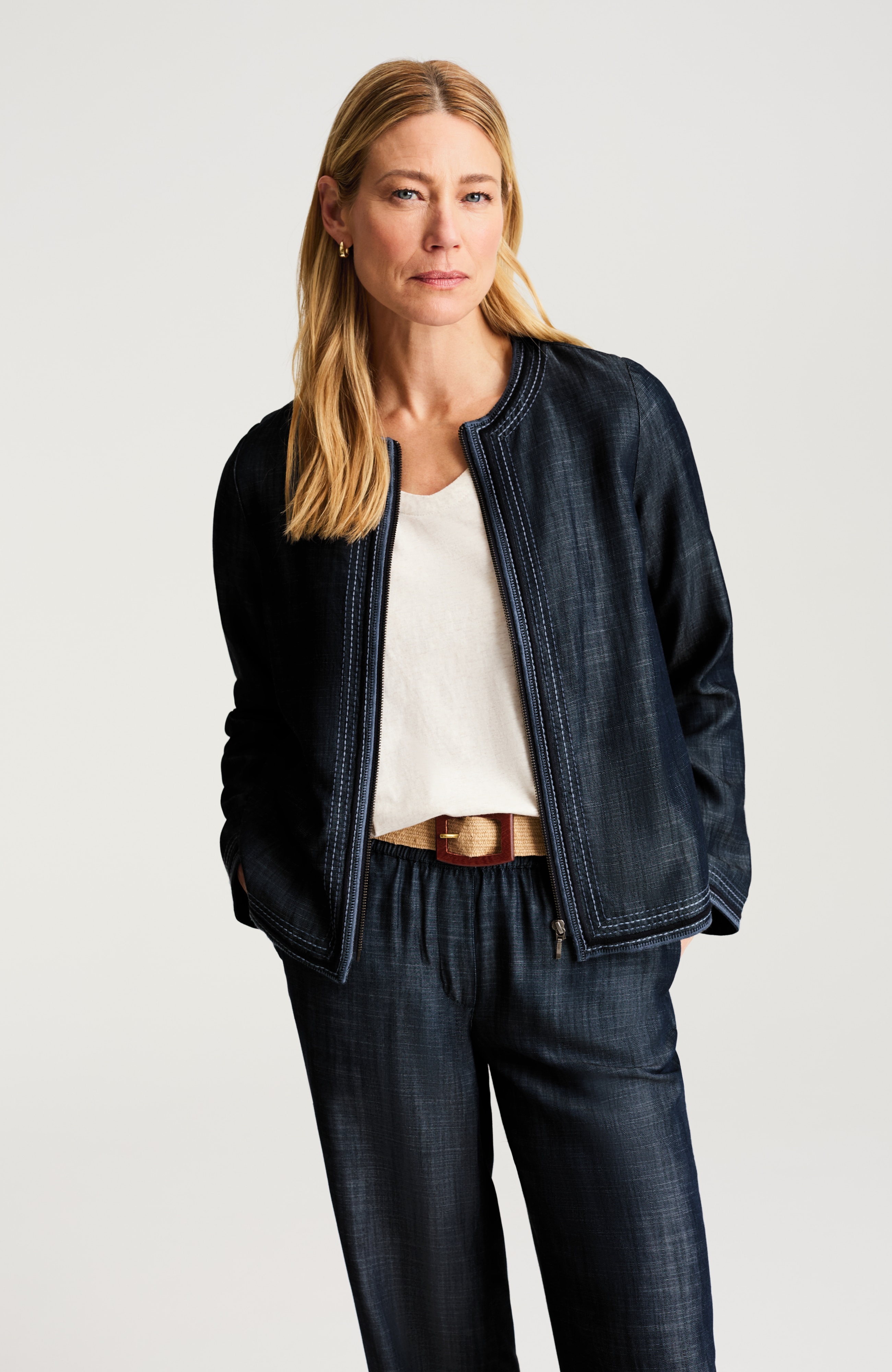 indigo tencel™ lyocell zip-front jacket