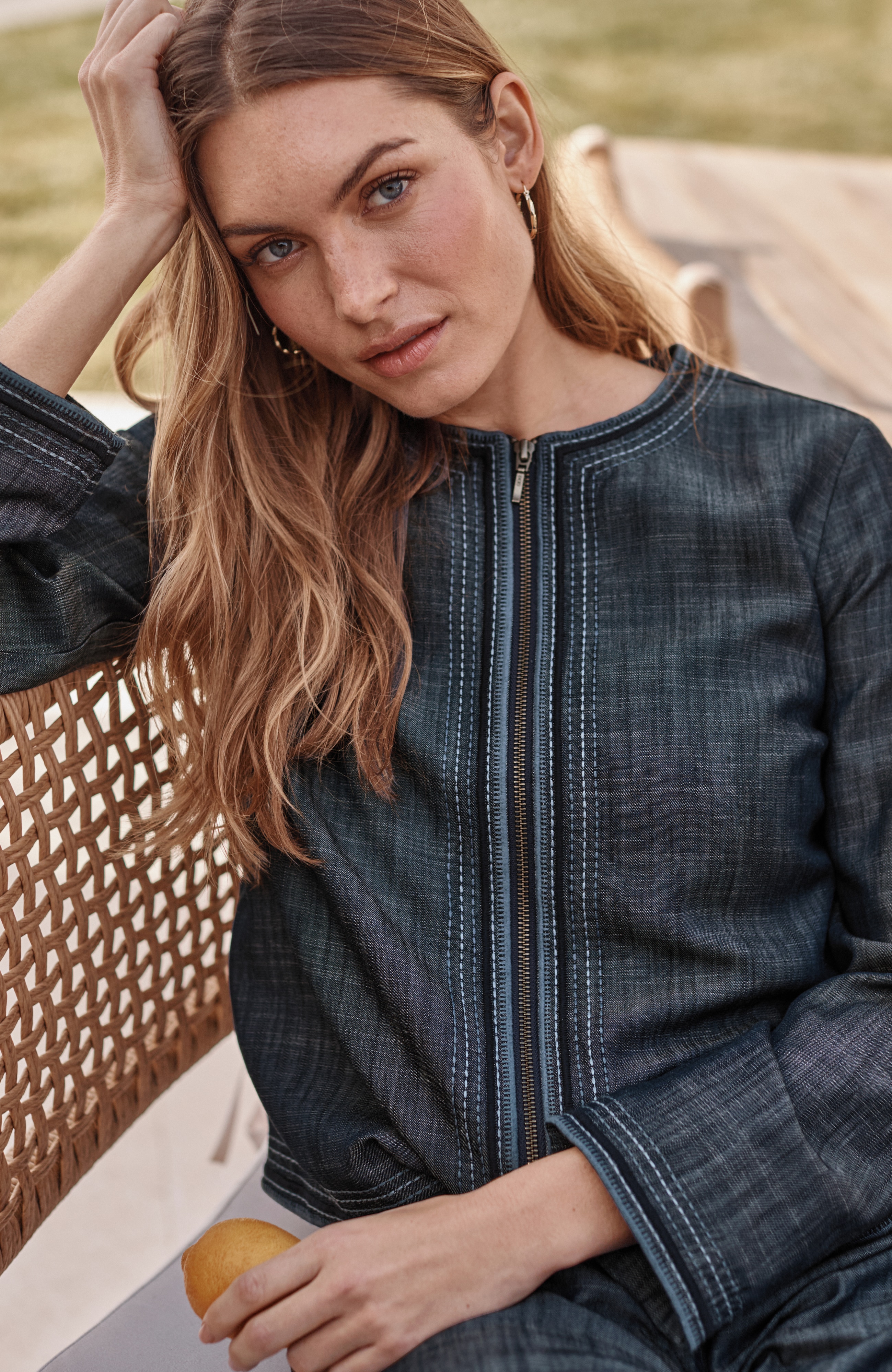 indigo tencel™ lyocell zip-front jacket