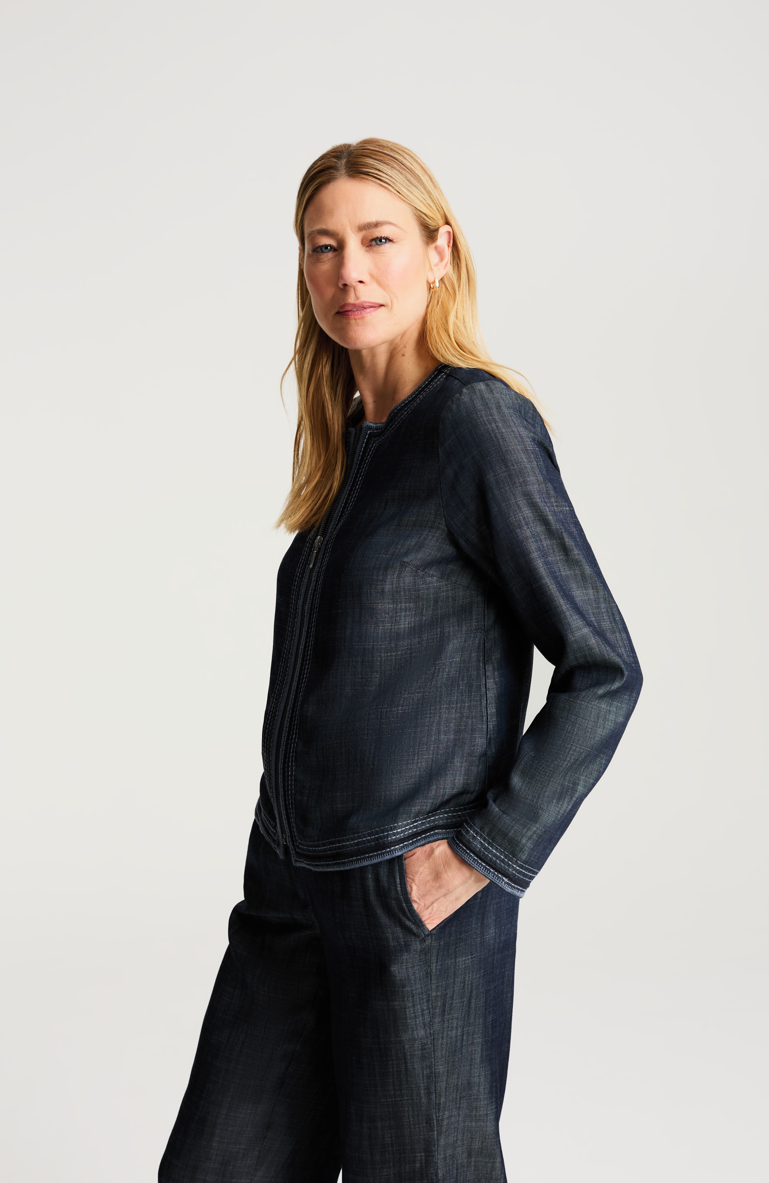 indigo tencel™ lyocell zip-front jacket