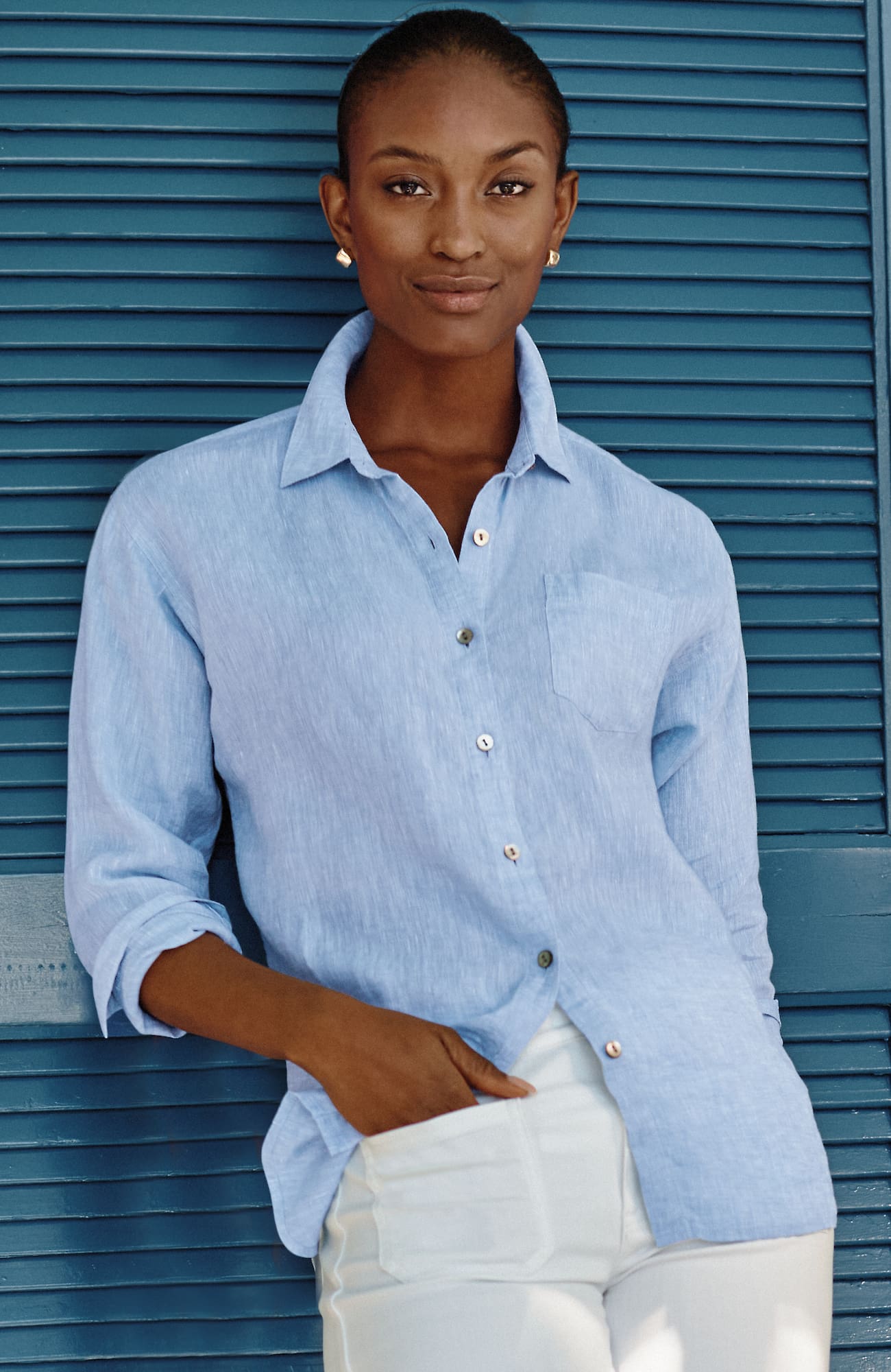 Jjill Tall Easy Linen Button-front Shirt In Blue Sparrow/white