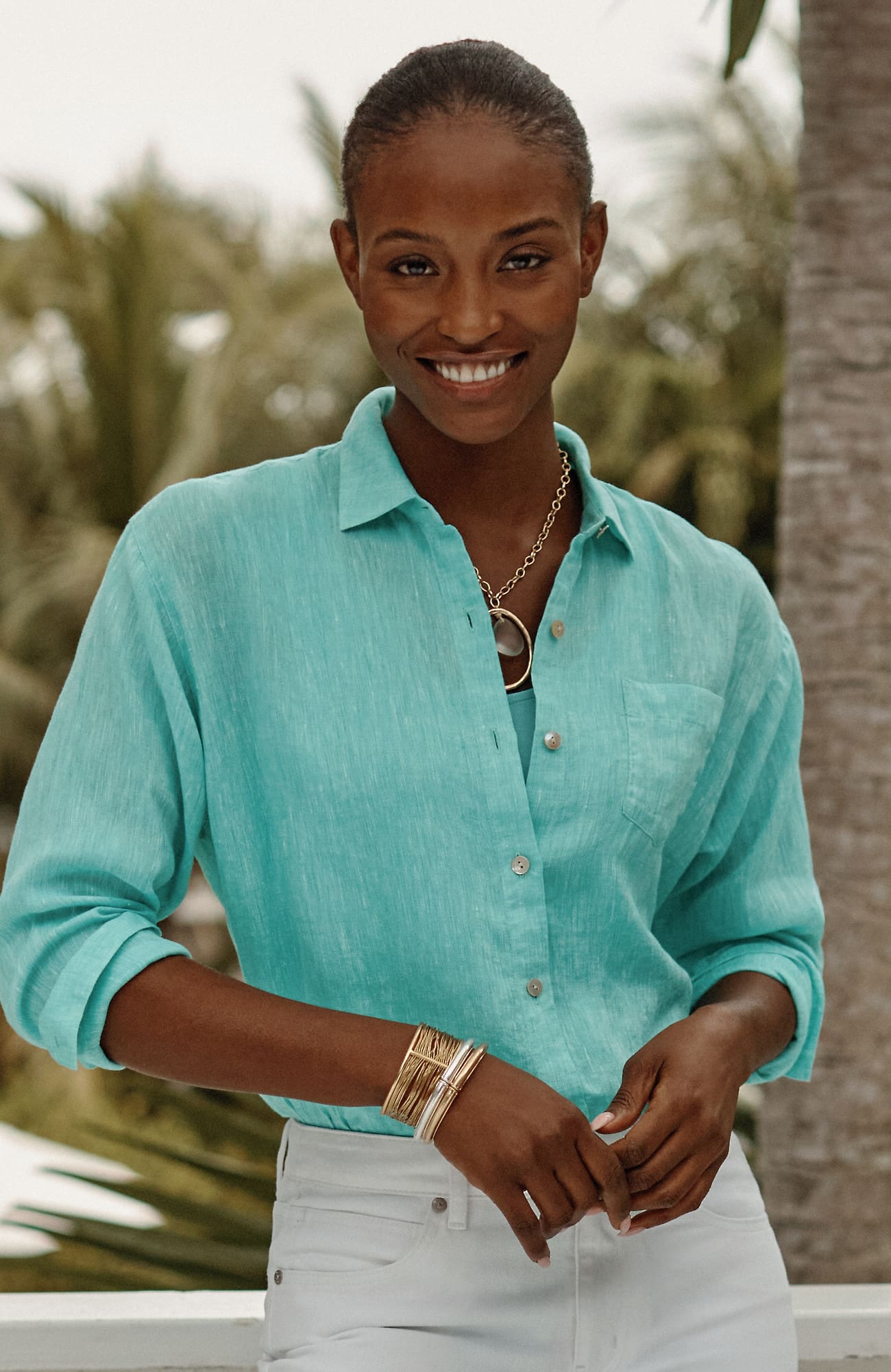 Jjill Tall Easy Linen Button-front Shirt In Aqua Breeze/white
