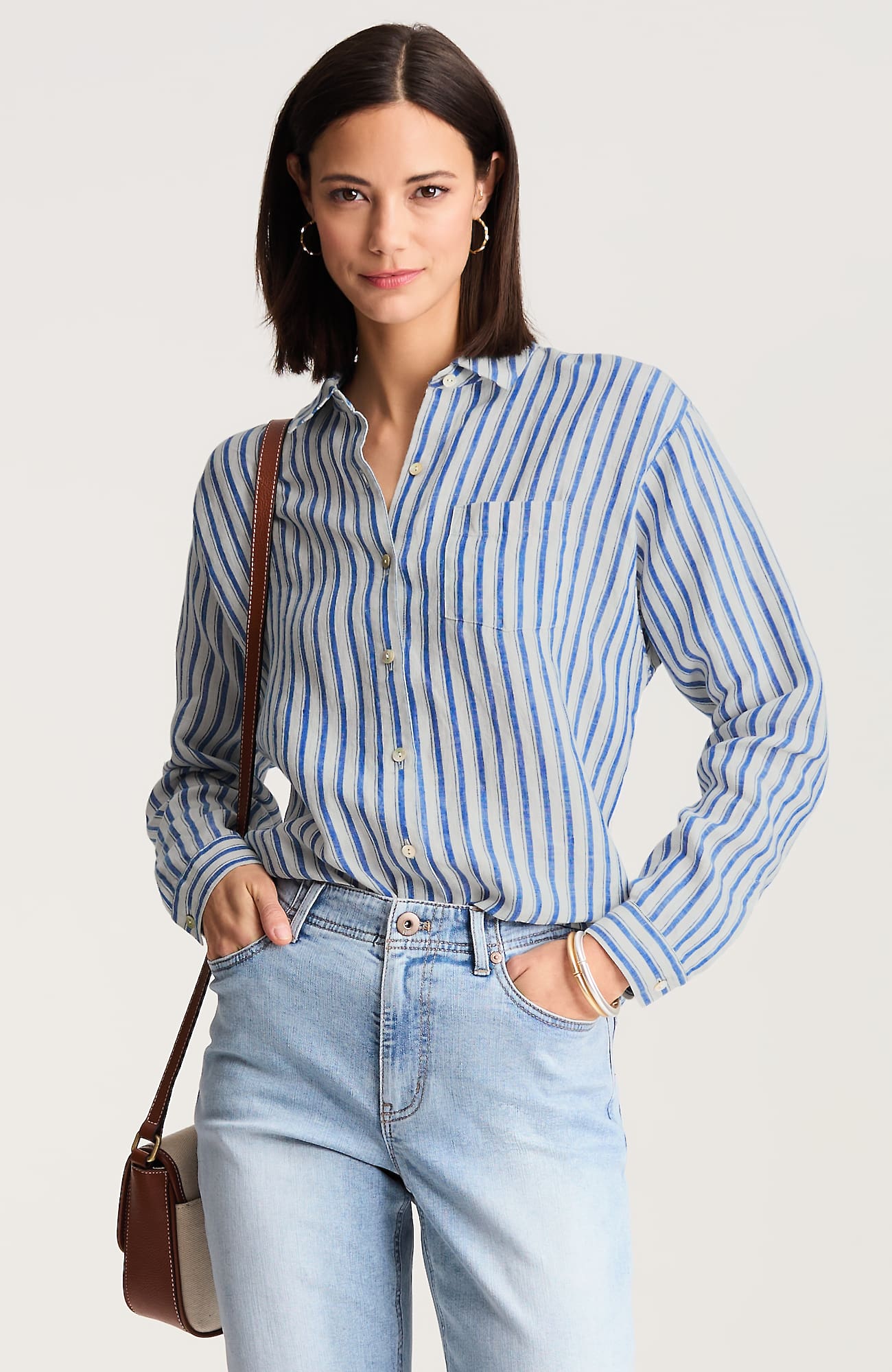 Jjill Tall Easy Linen Button-front Shirt In Cream/royal Blue