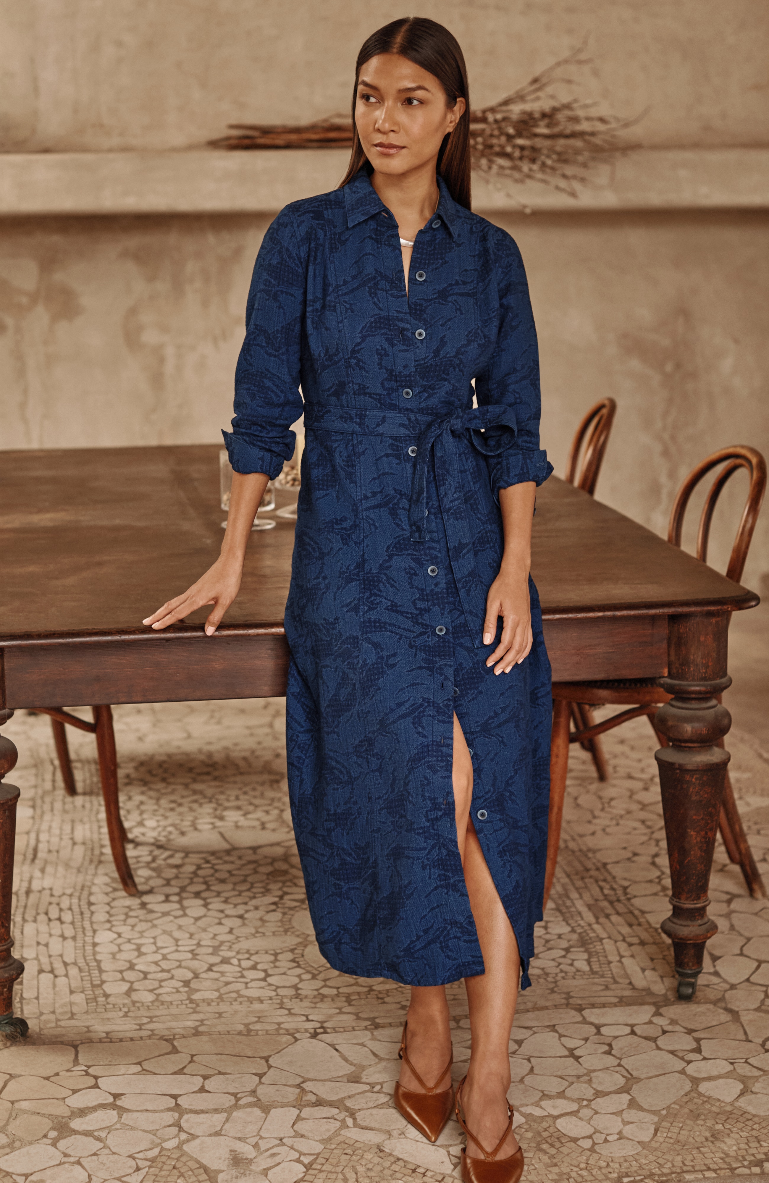 pure jill indigo jacquard shirtdress