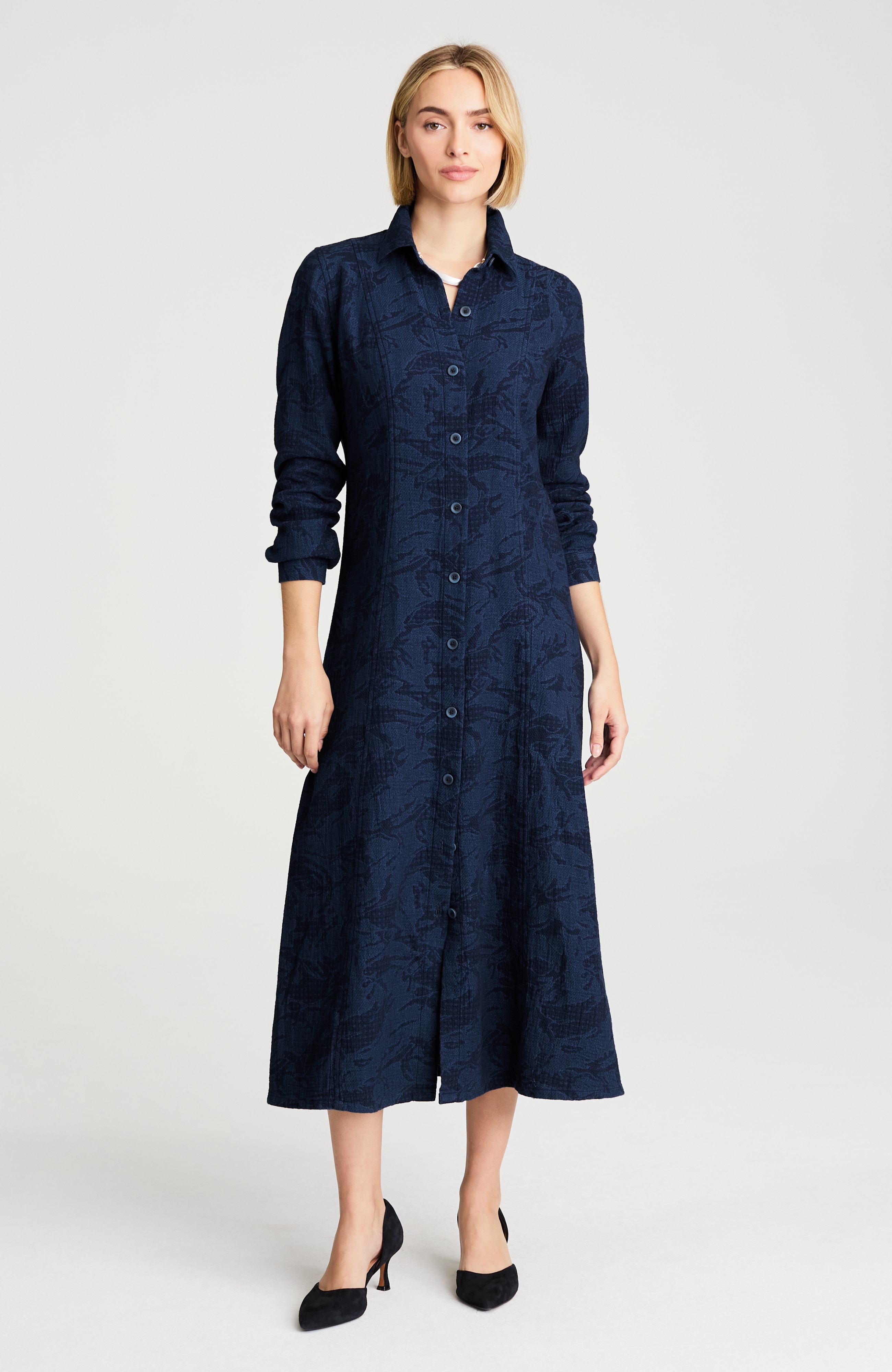 pure jill indigo jacquard shirtdress