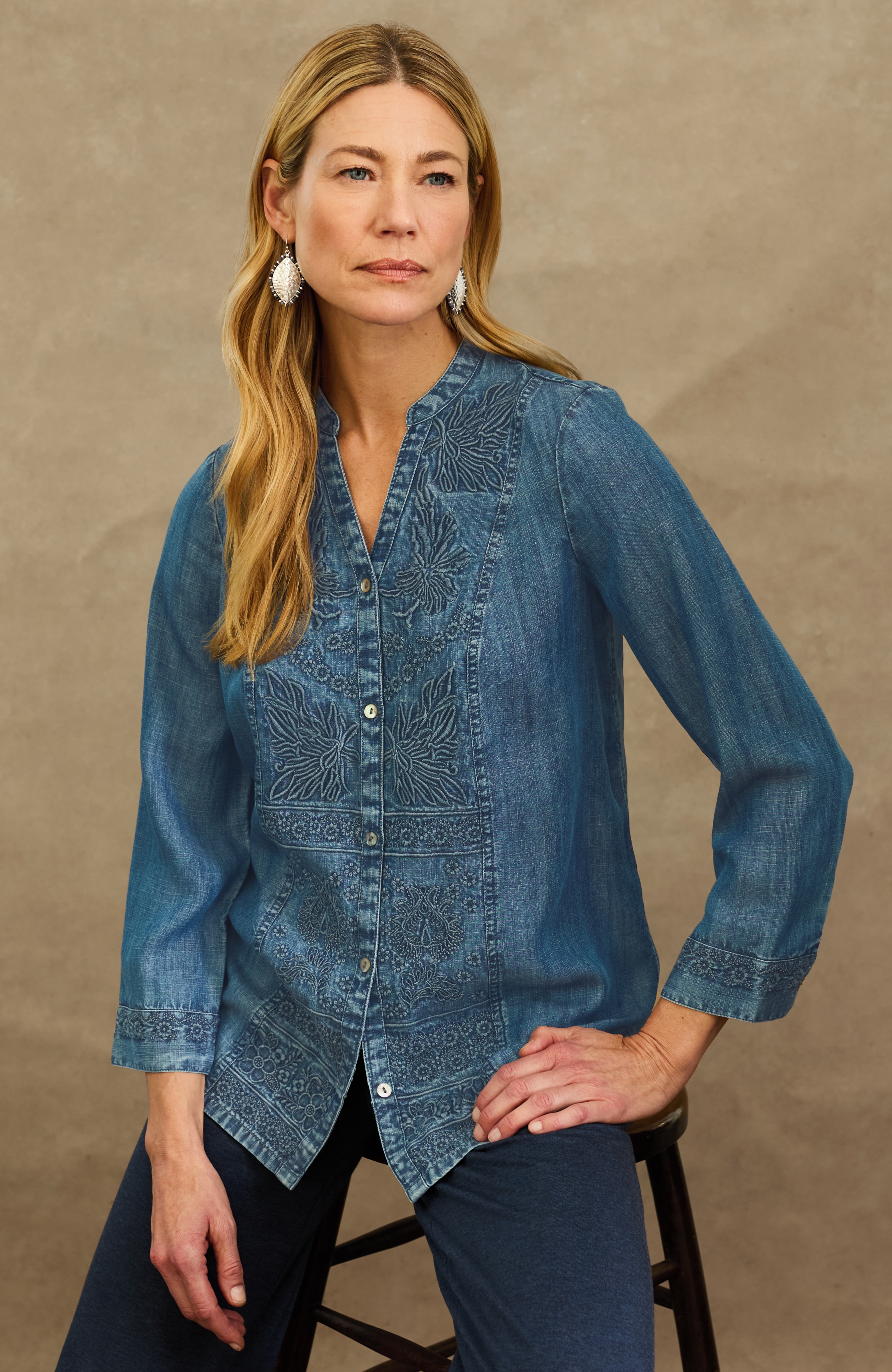 pure jill embroidered button-front shirt