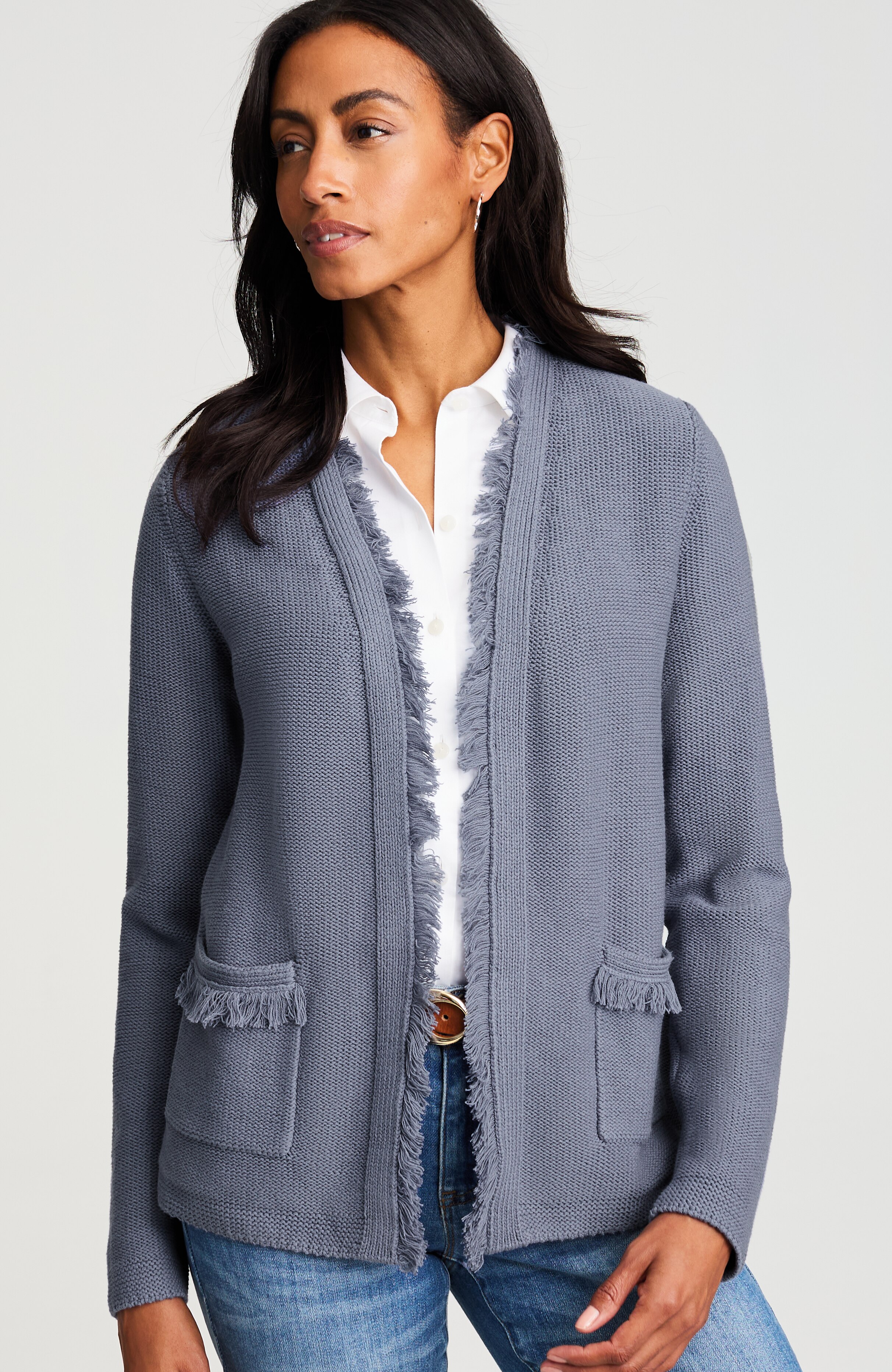 fringed patch-pocket cardi