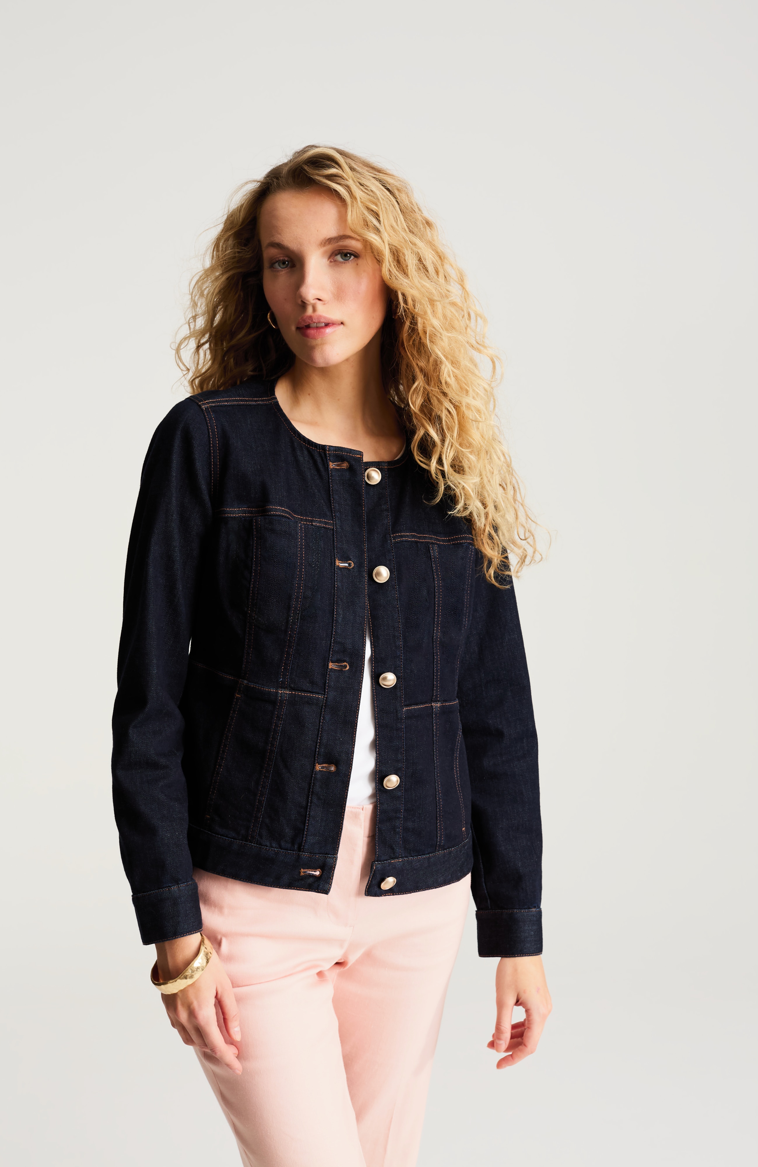 collarless denim jacket