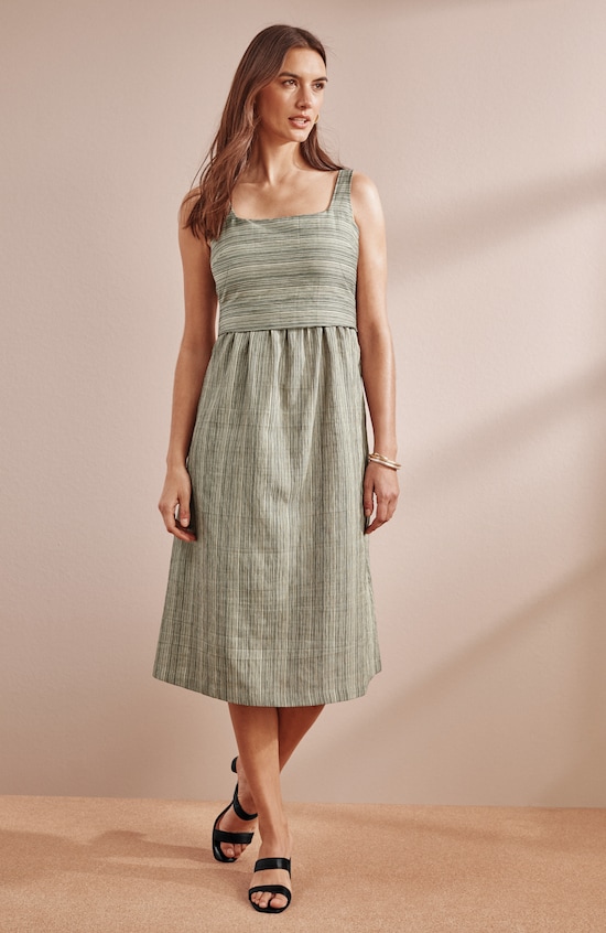 shirred waist a line dress Women's Shirred-Waist (Black, Brown) (Size: L) Green And White Striped Pinterest Partially lined Linen:White