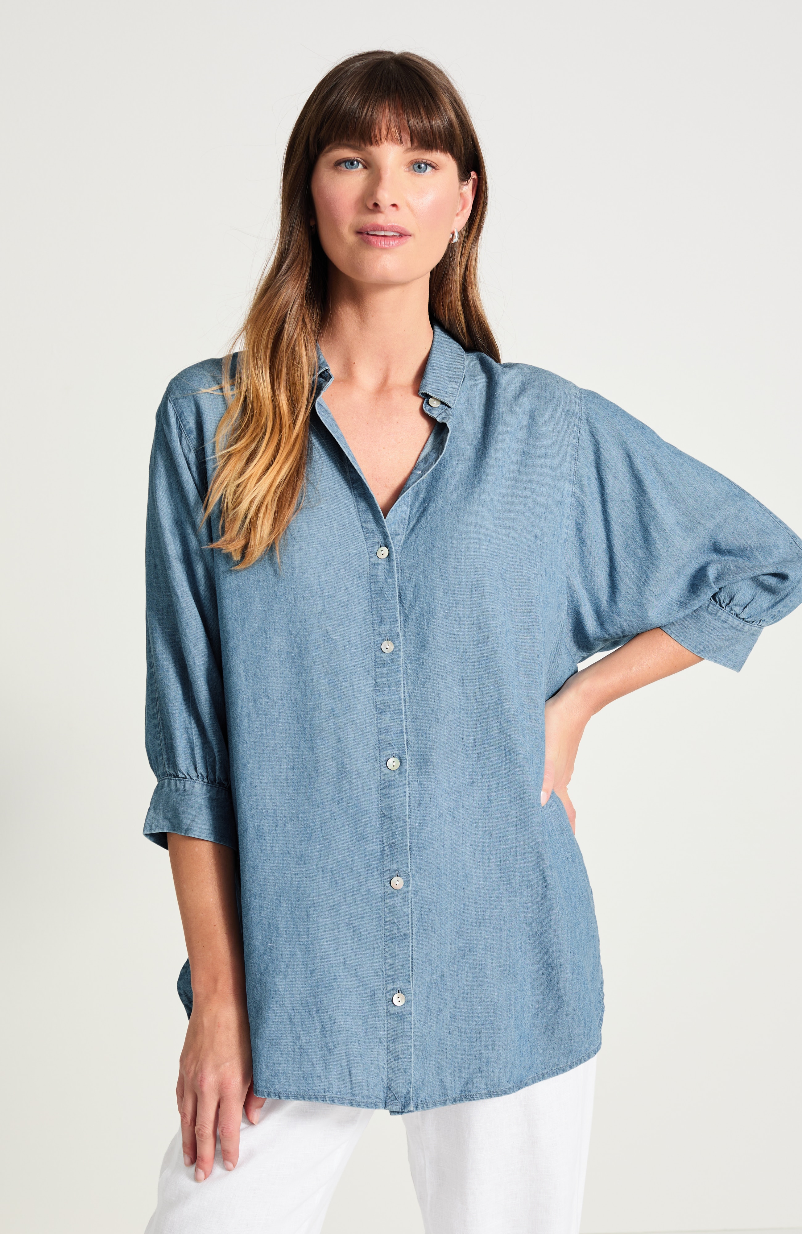 pure jill soft button-front tunic