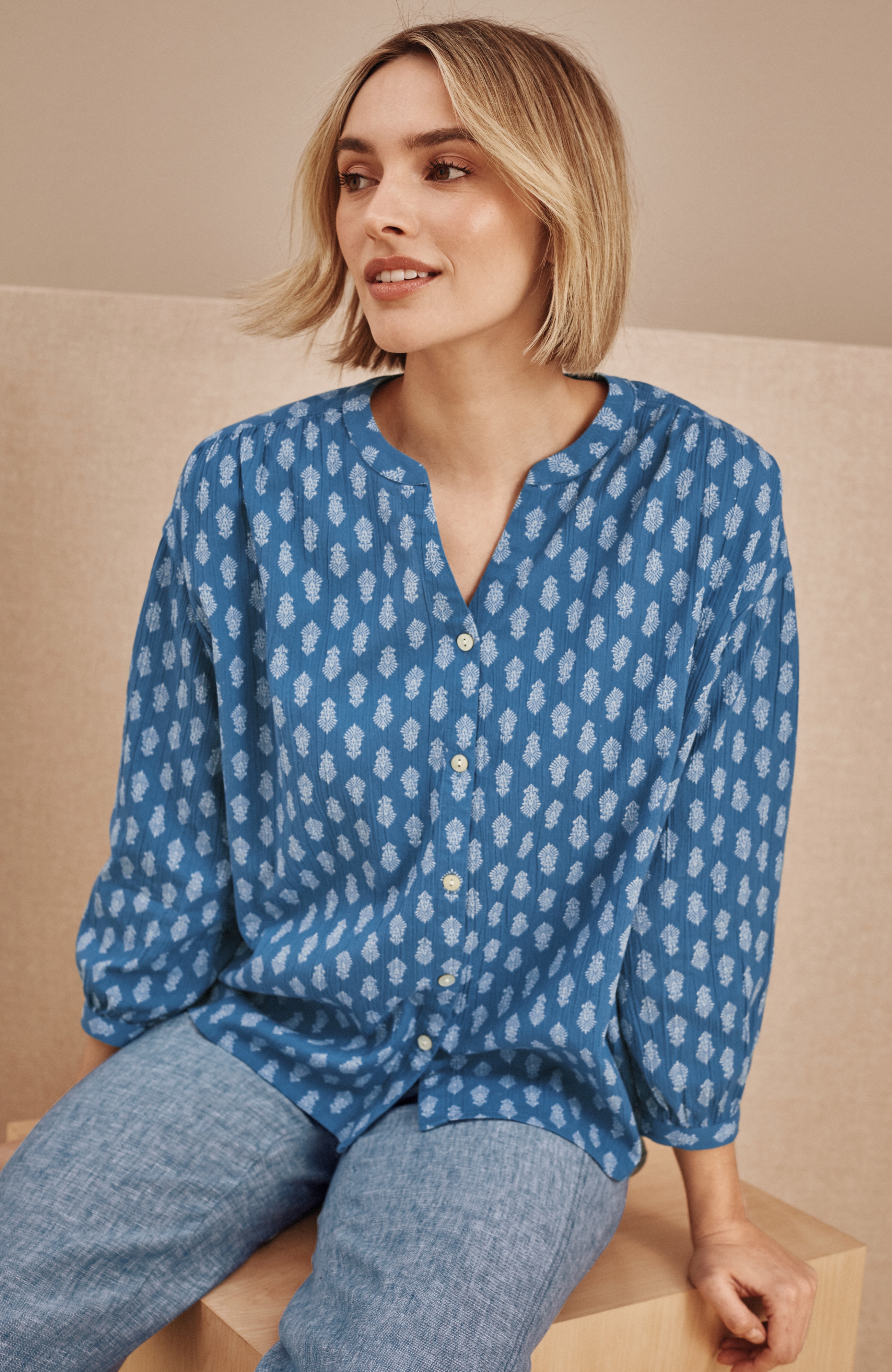 pure jill crinkled button-front top