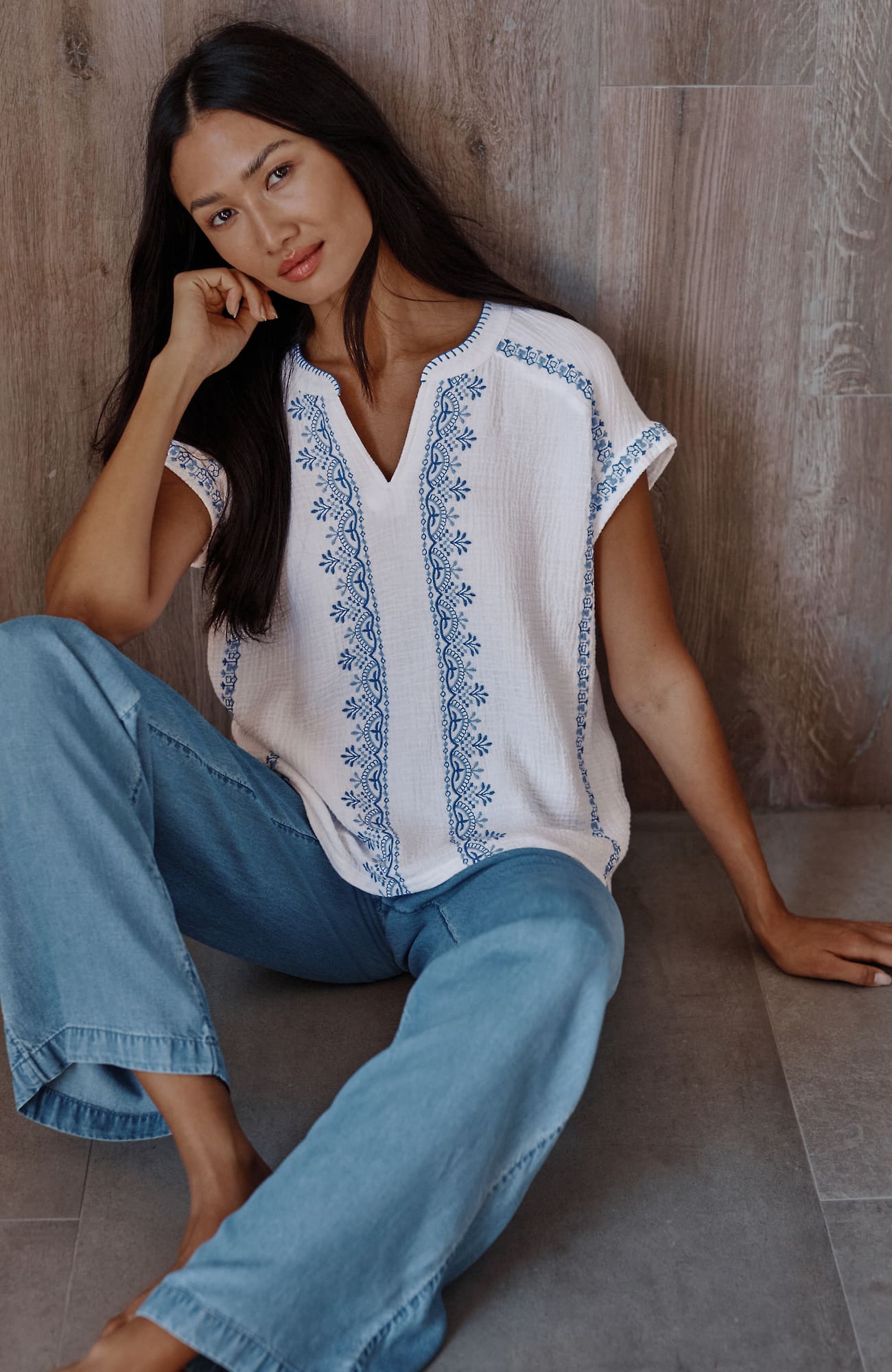 Jjill Petite Pure Jill Cotton-gauze Embroidered Top In White Multi