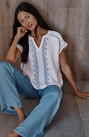 Image for Pure Jill Cotton-Gauze Embroidered Top