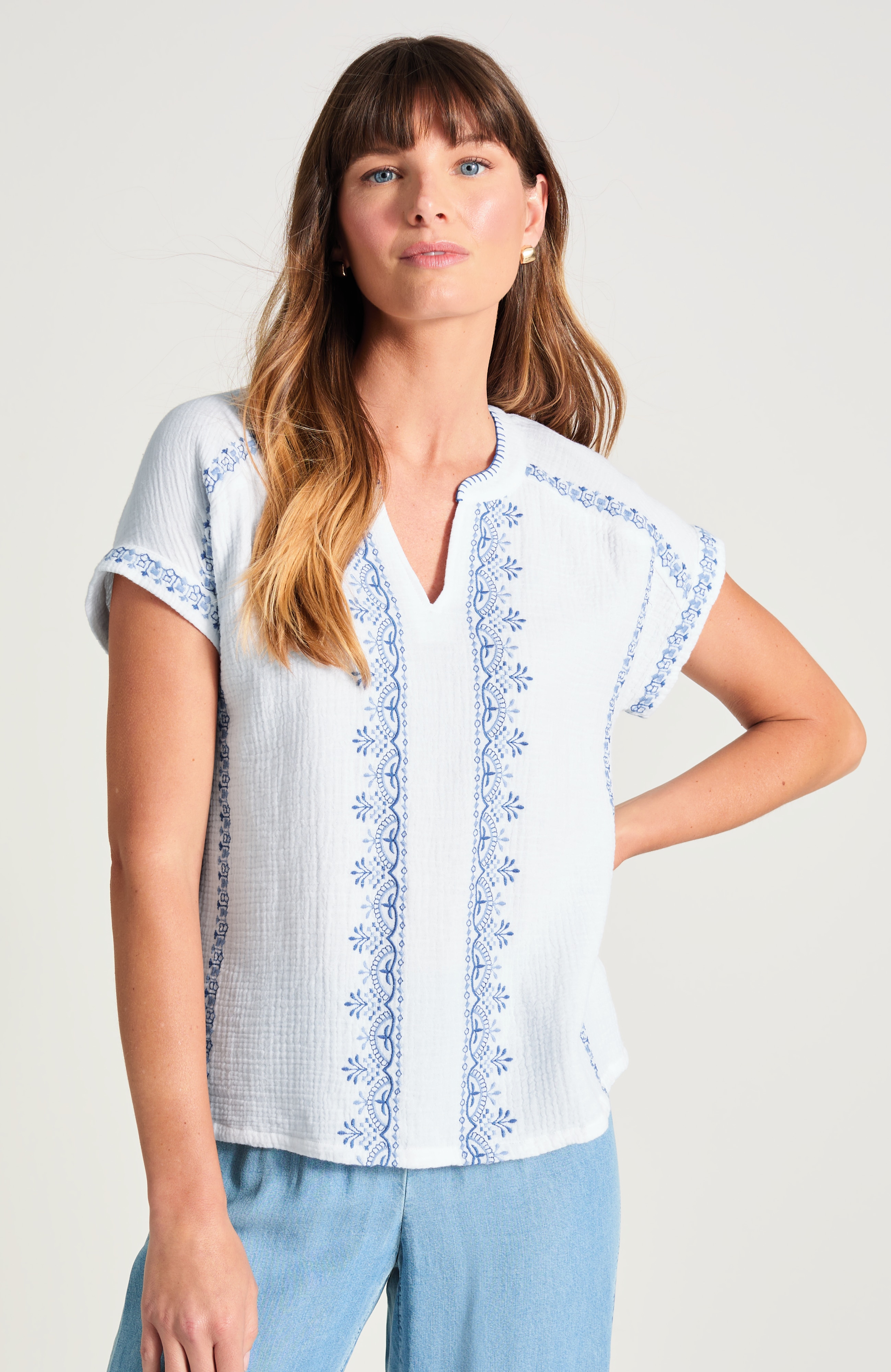 pure jill cotton-gauze embroidered top