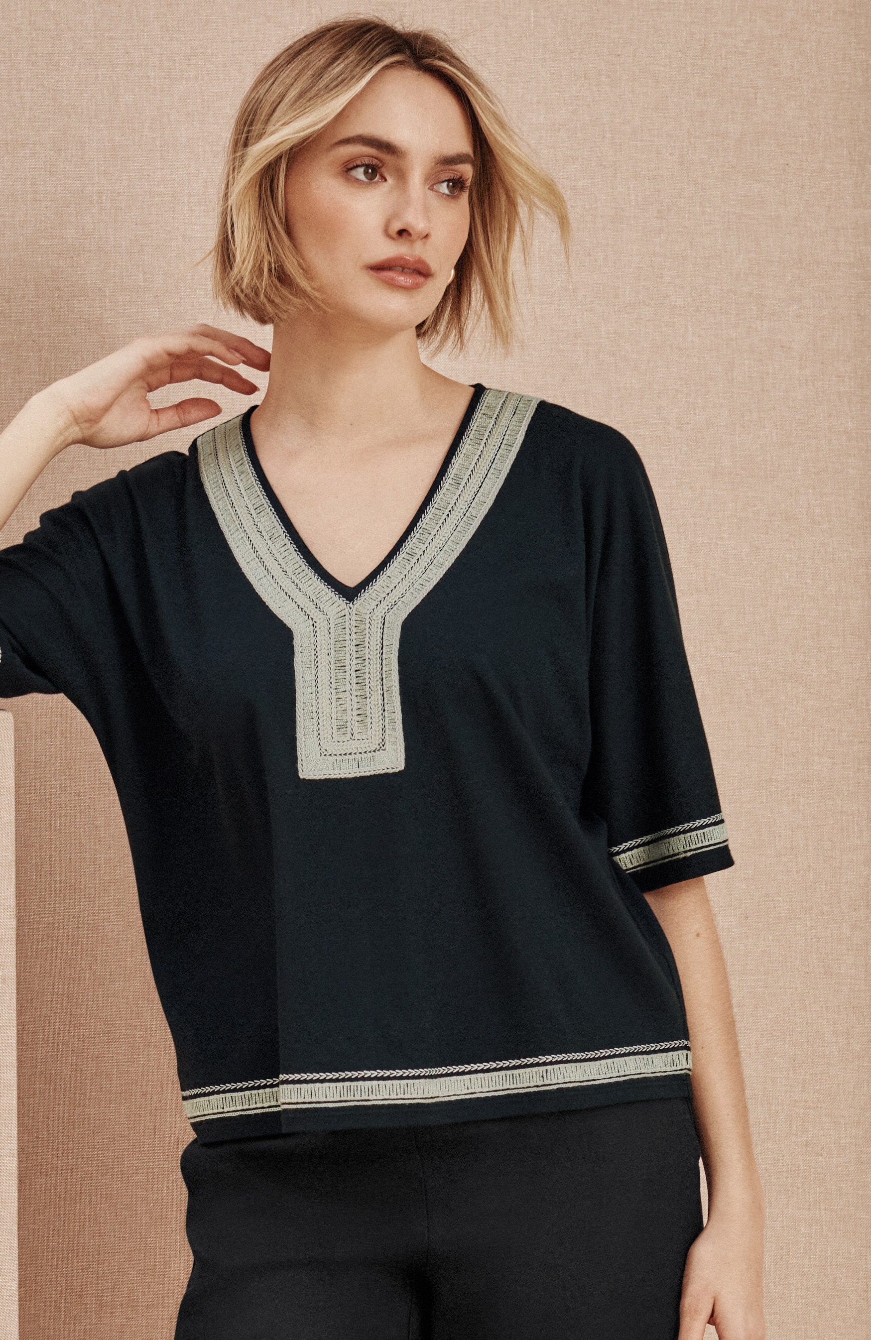 Pure Jill Knit Embroidered-Border Top | JJill