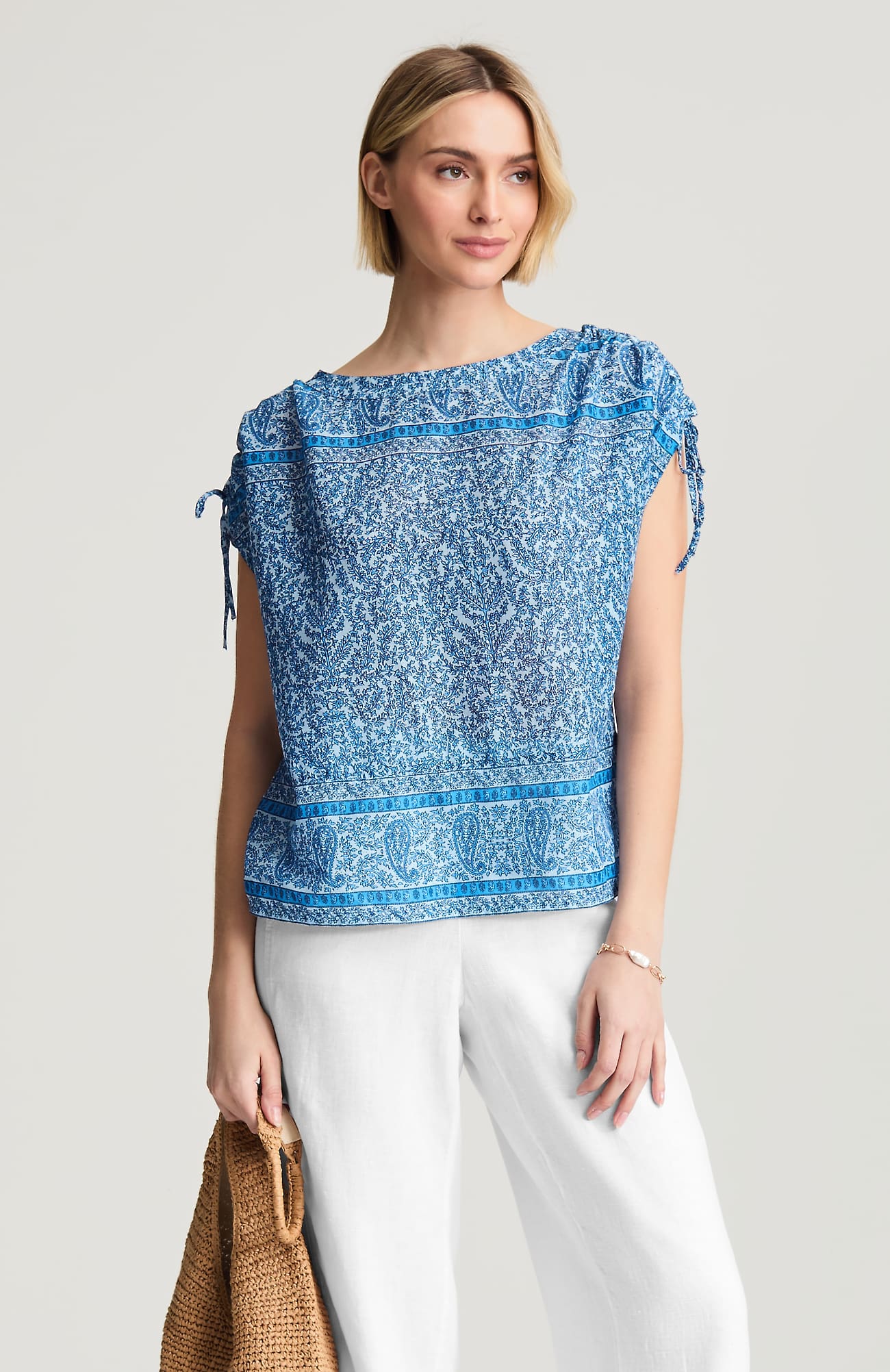 Women's Tall Pure Jill Printed Boat-Neck Top (Blue Whisper Paisley Mix Block) (Size: MT) J. Jill