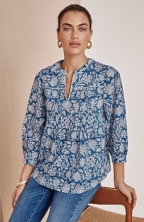 Image for Pure Jill Block-Printed Pintucked Top