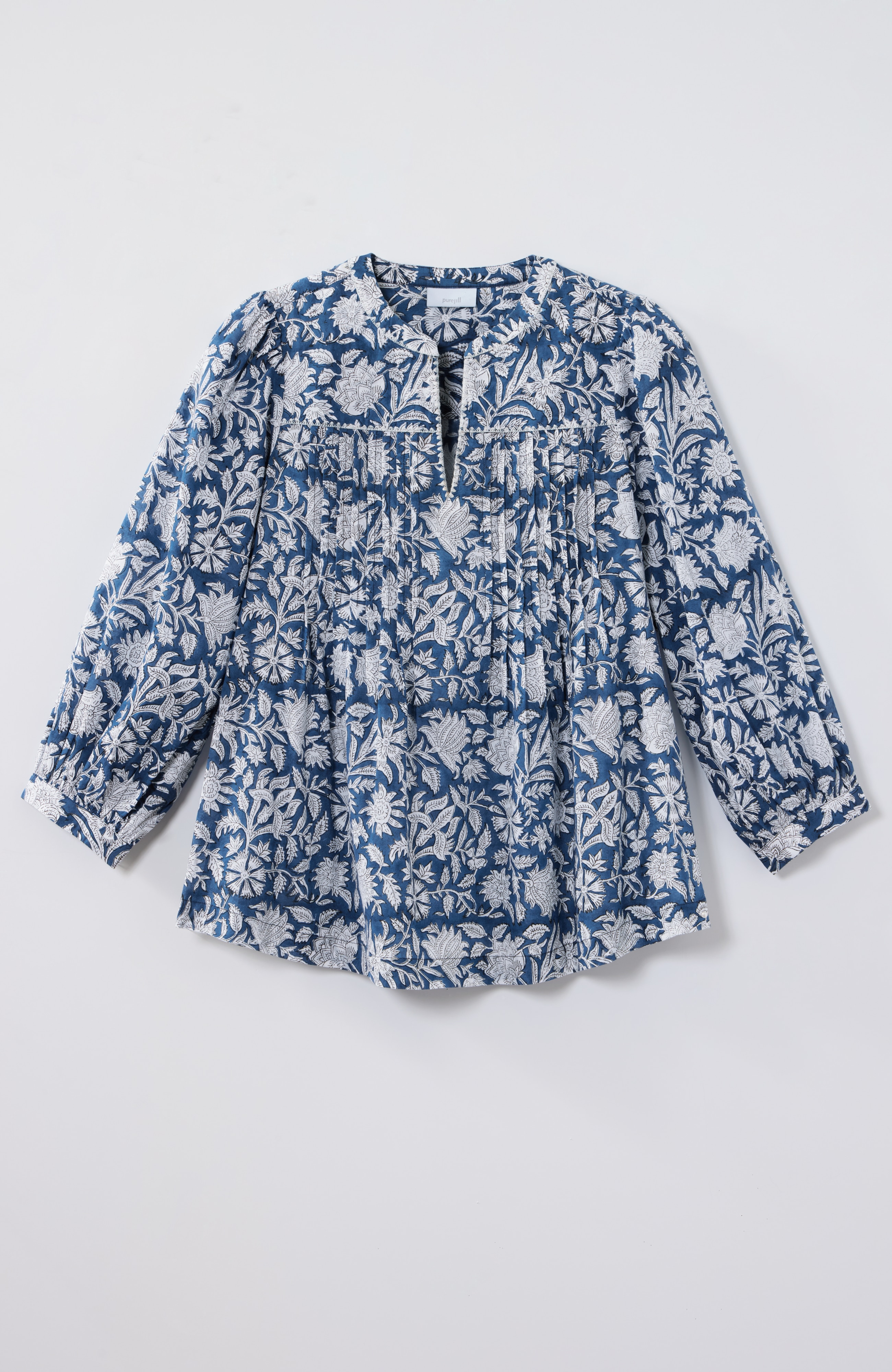 pure jill block-printed pintucked top