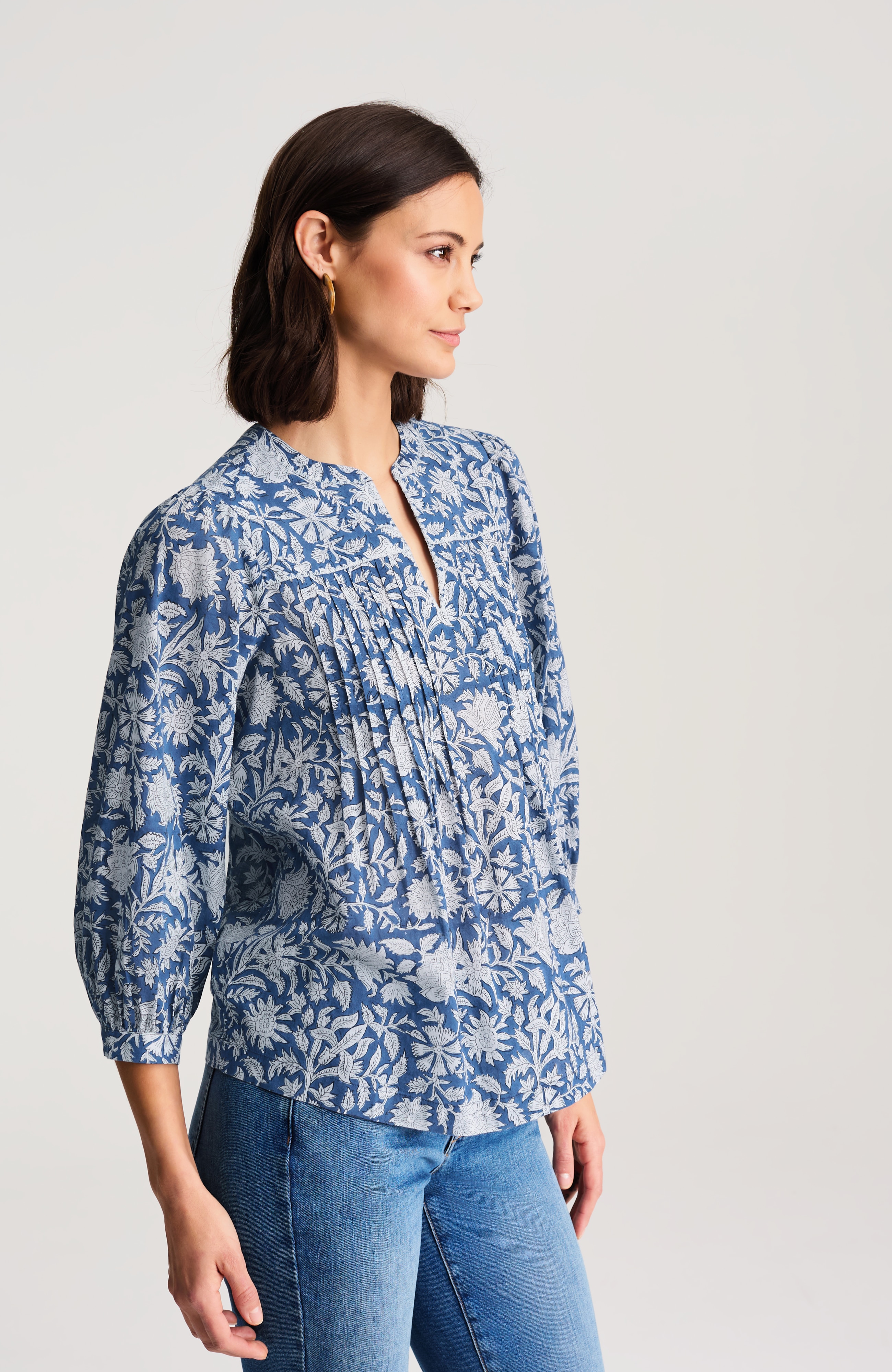 pure jill block-printed pintucked top