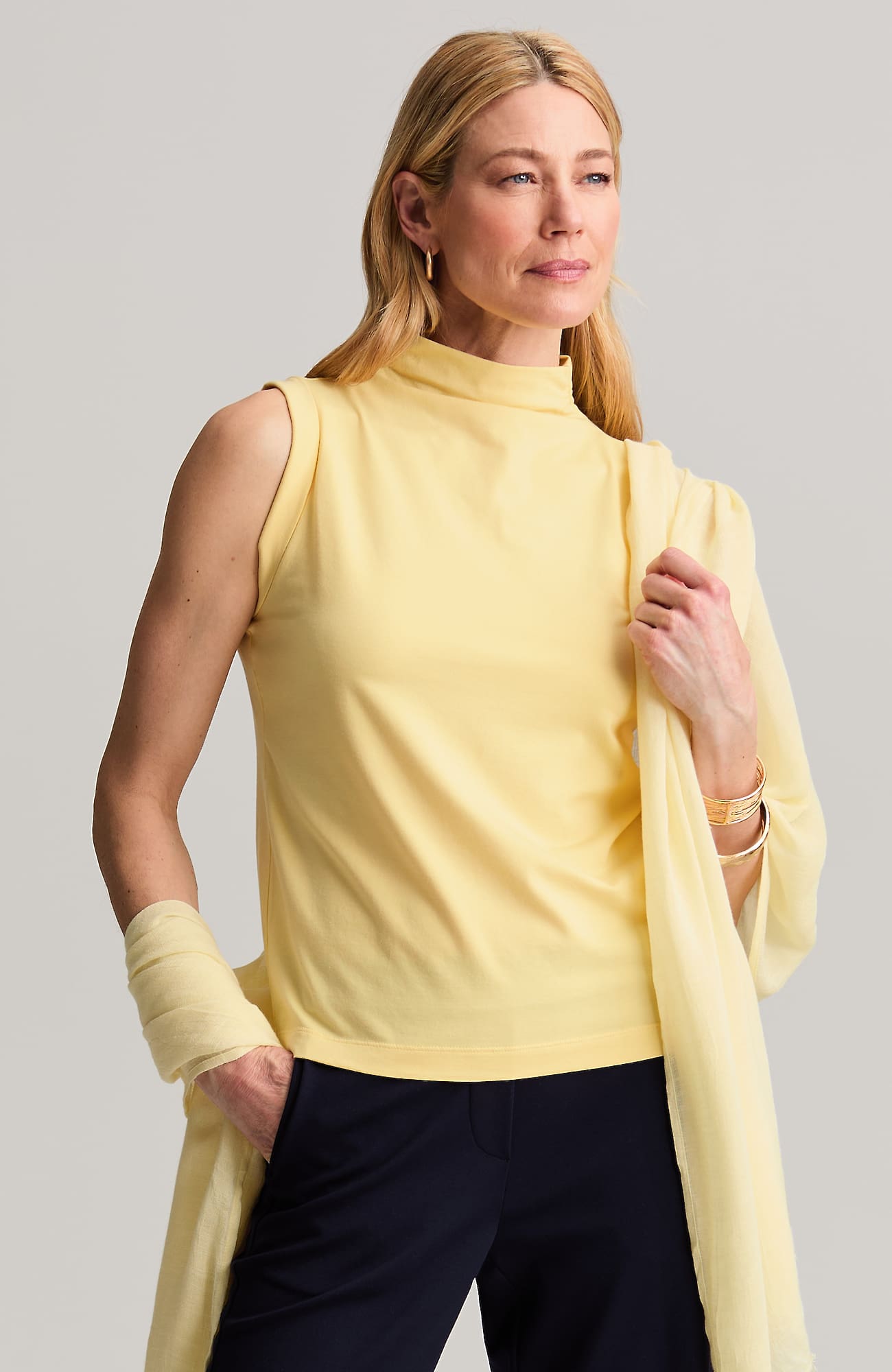 Women's Petite Luxe Supima Shirred Mock-Neck Top (Yellow Poppy) (Size: XSP) J. Jill
