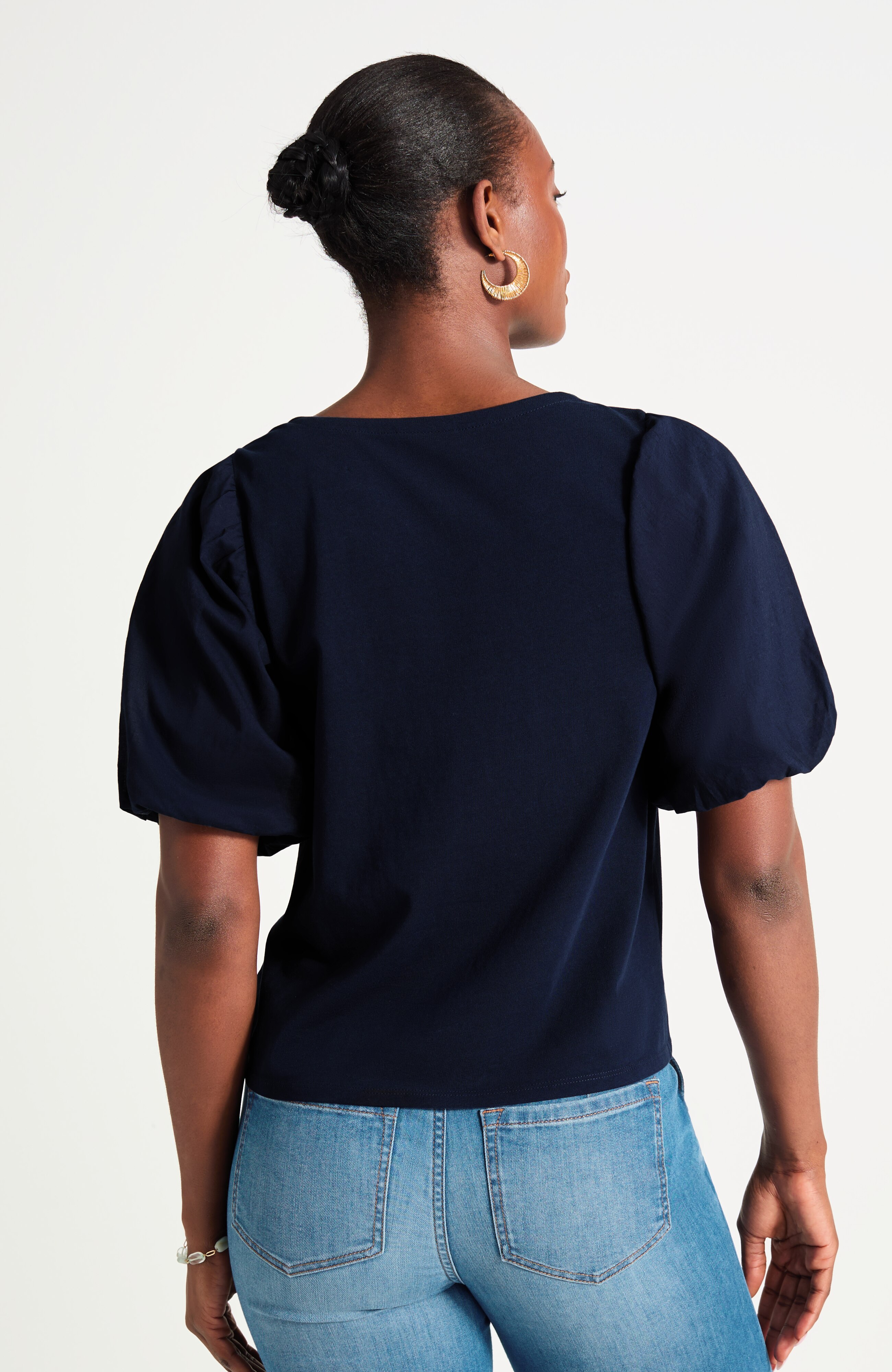 mixed-media elbow-sleeve top