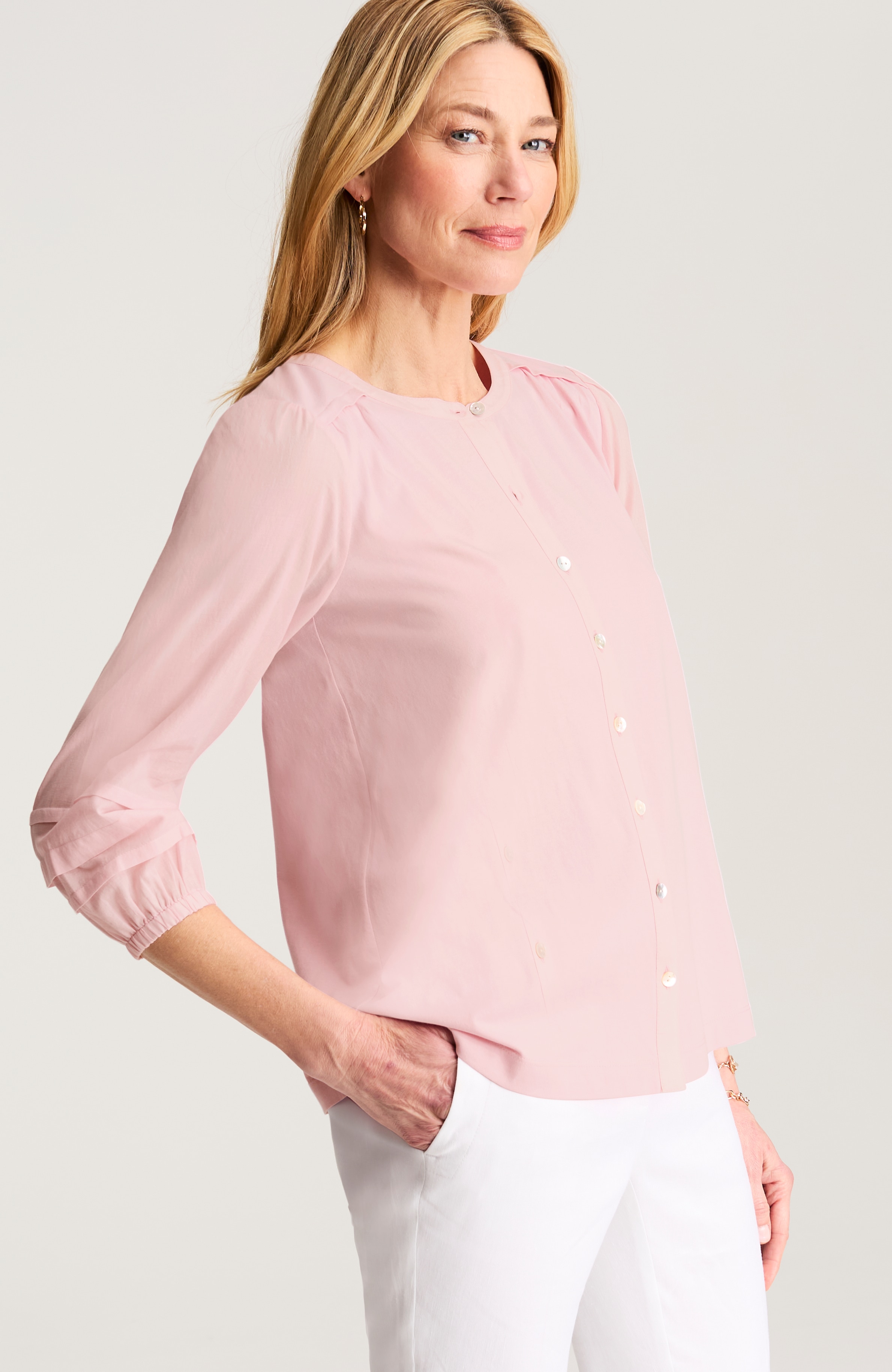 pintucked mixed-media top