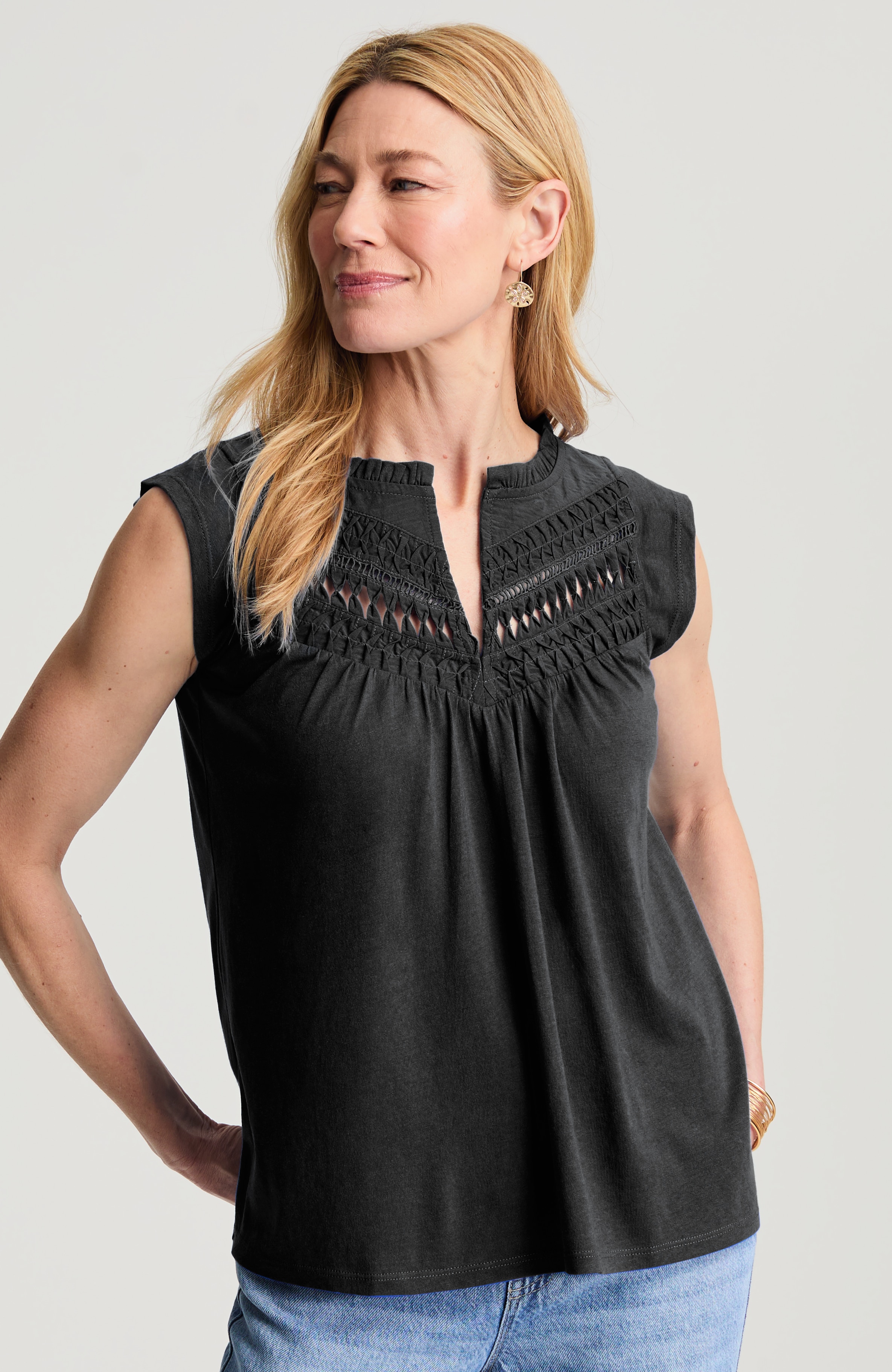 mixed-media ruffle-neck top