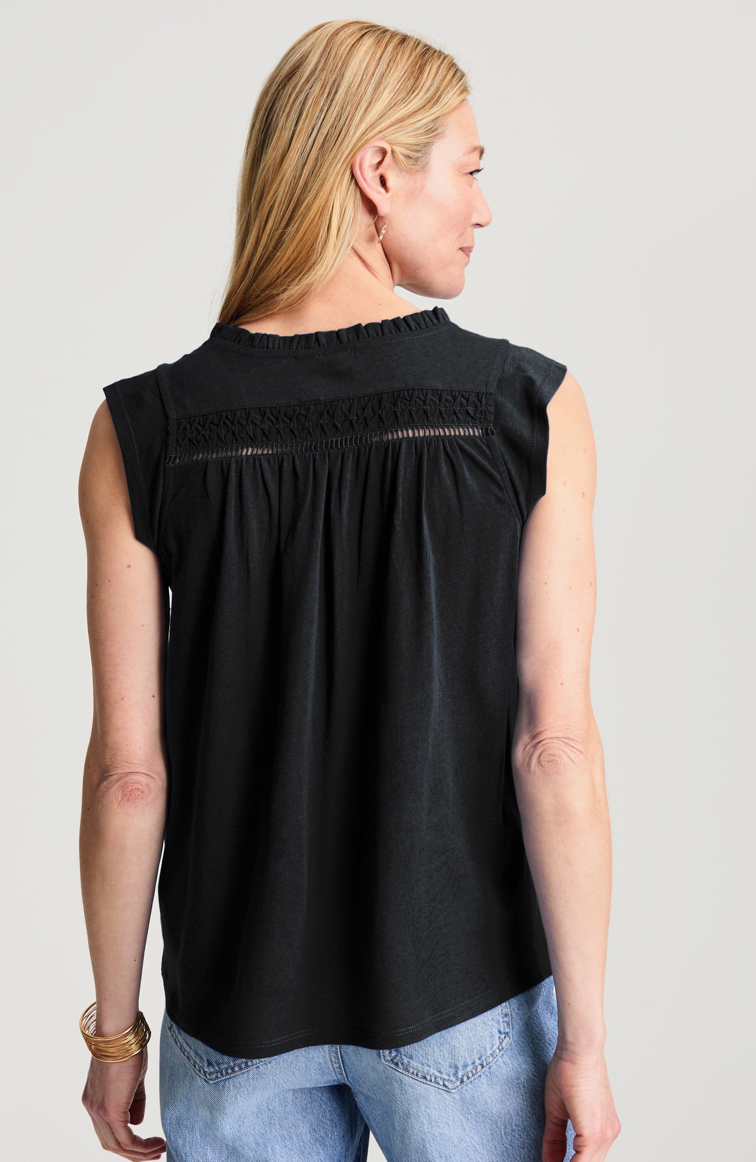 mixed-media ruffle-neck top