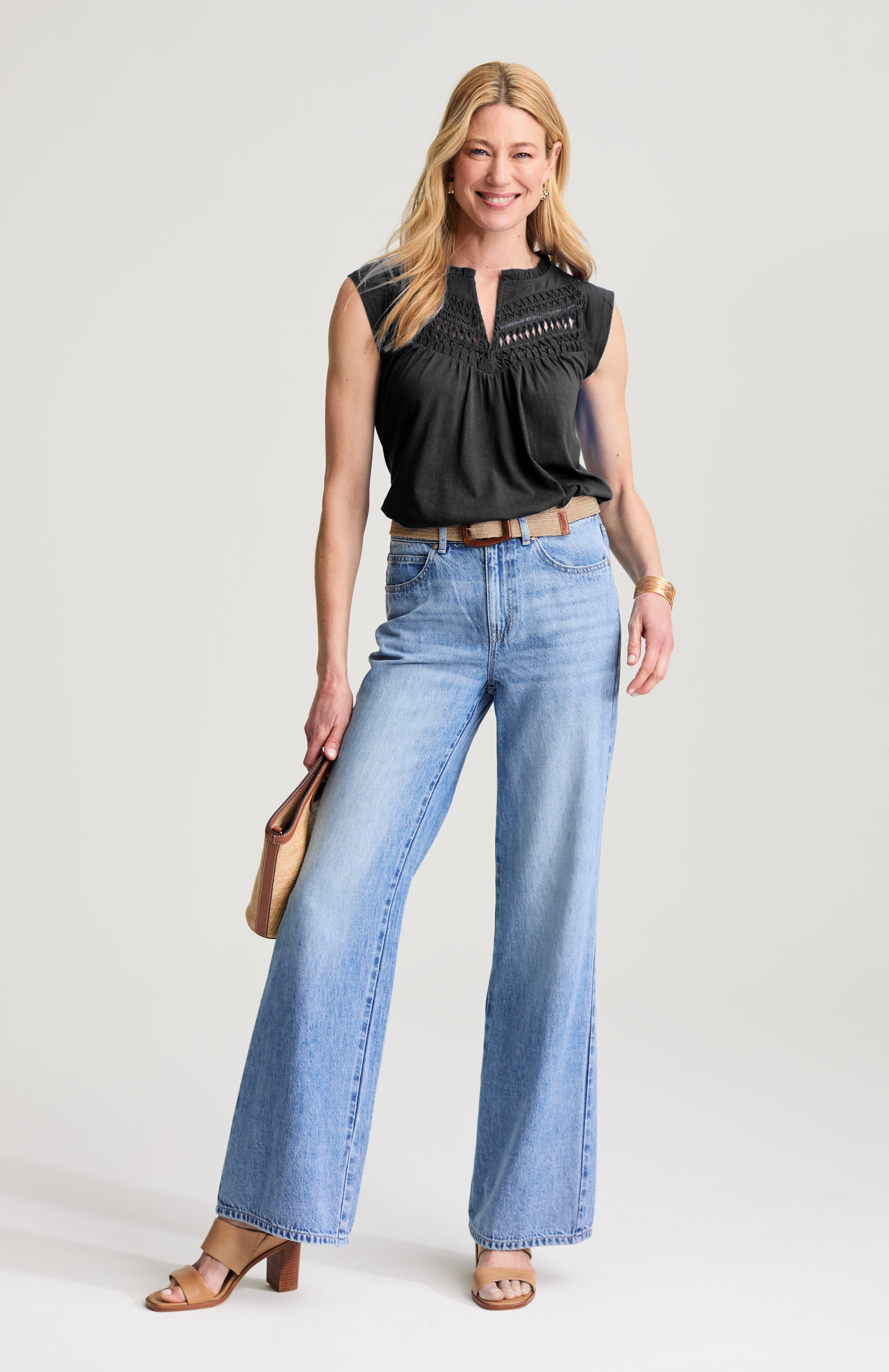 mixed-media ruffle-neck top