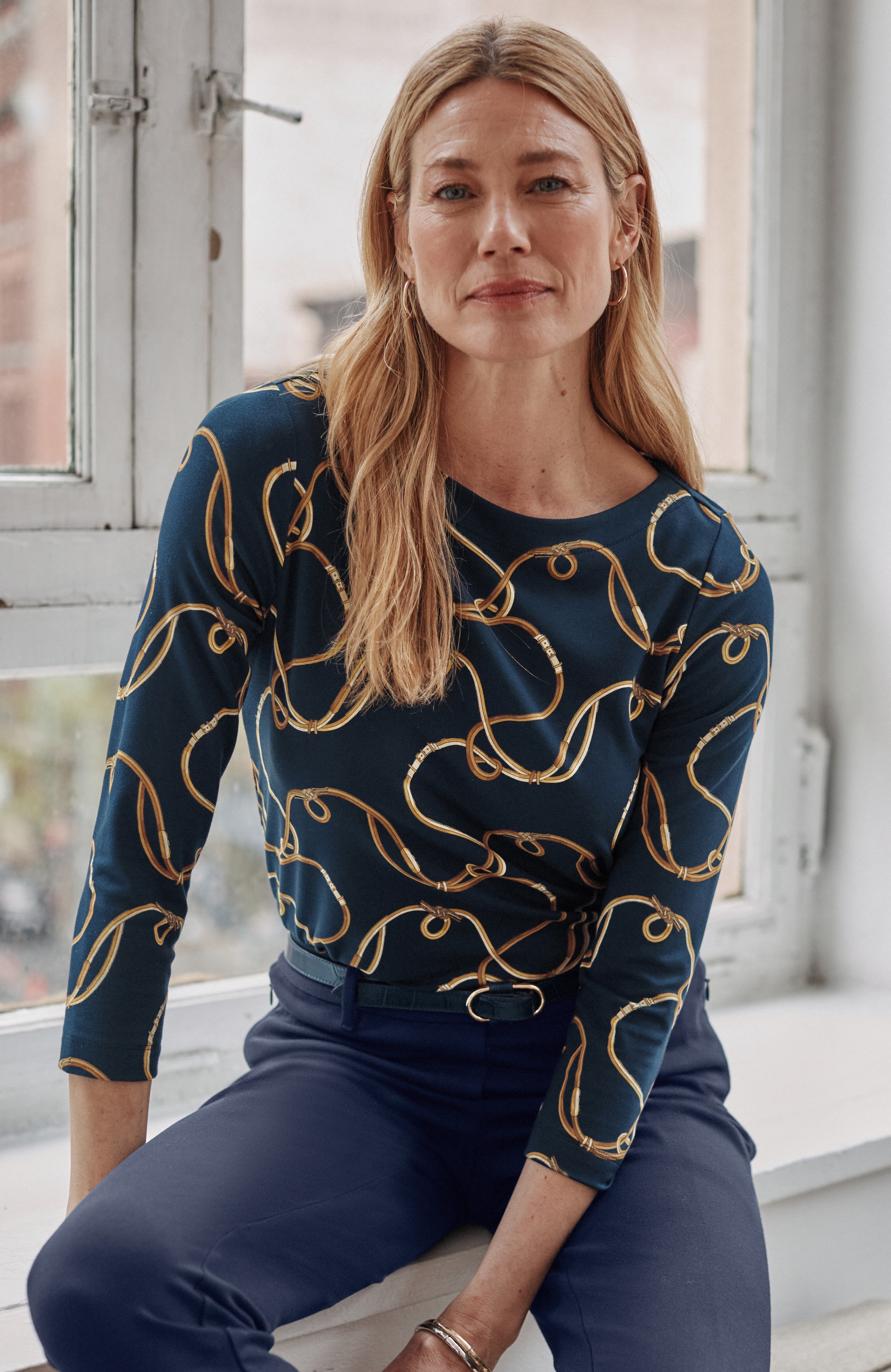 Printed Boat-Neck Top