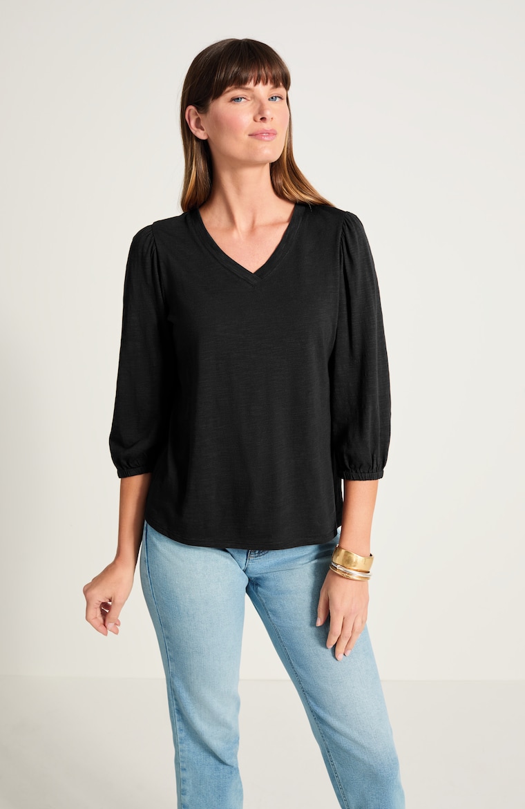 Primary view of the v-neck elastic-sleeve top