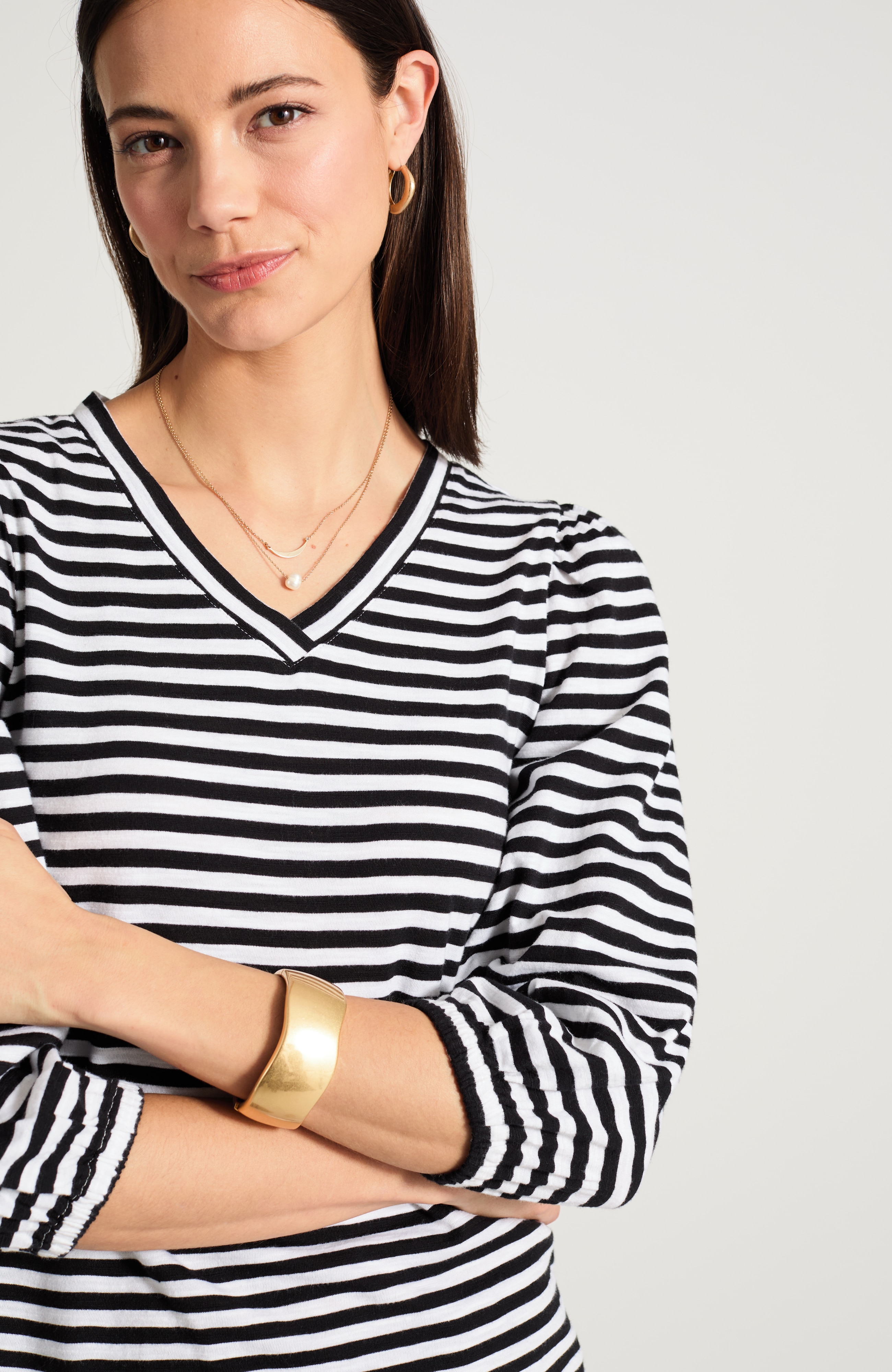 V-Neck Elastic-Sleeve Top