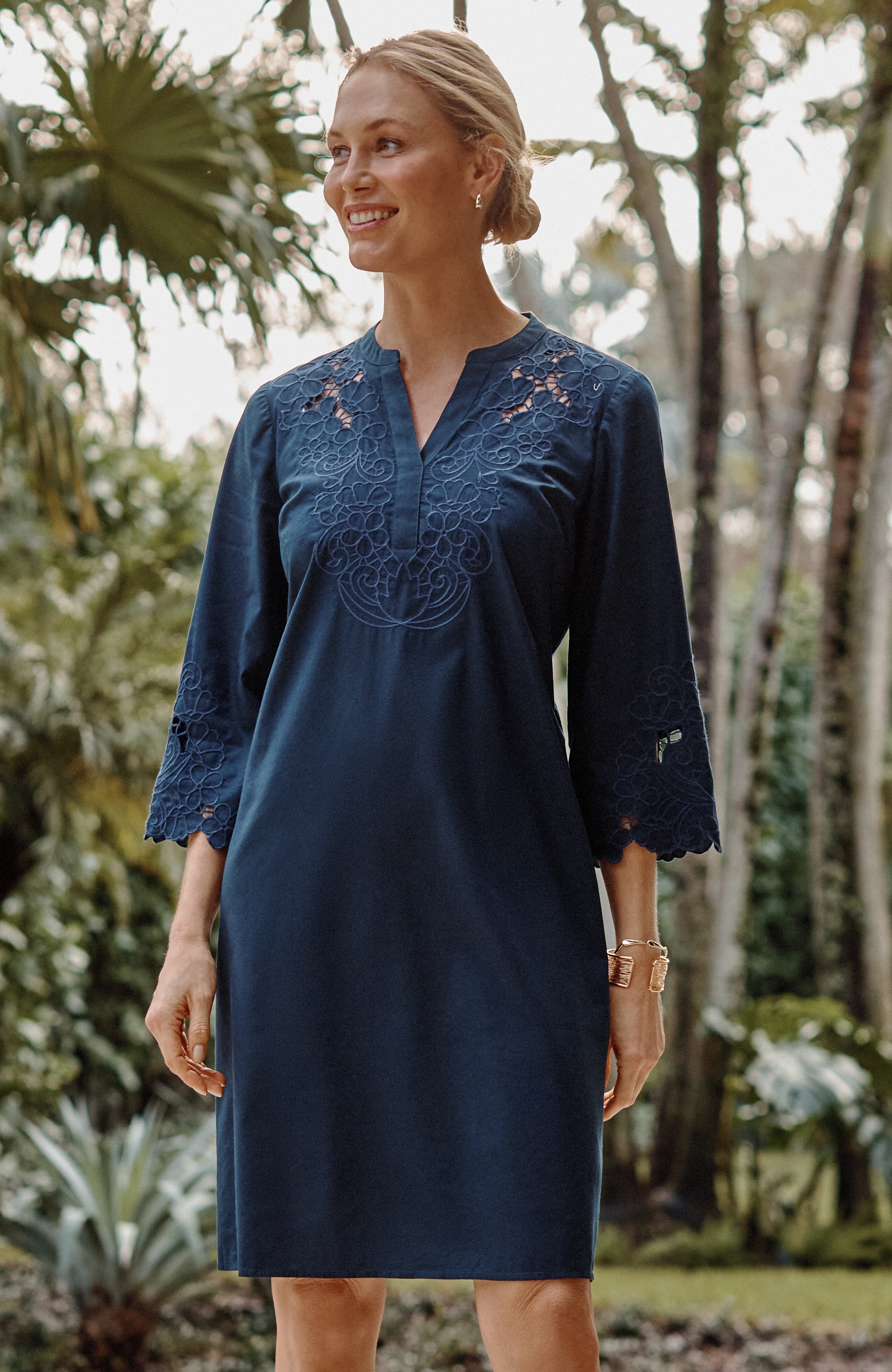 eyelet split-neck dress
