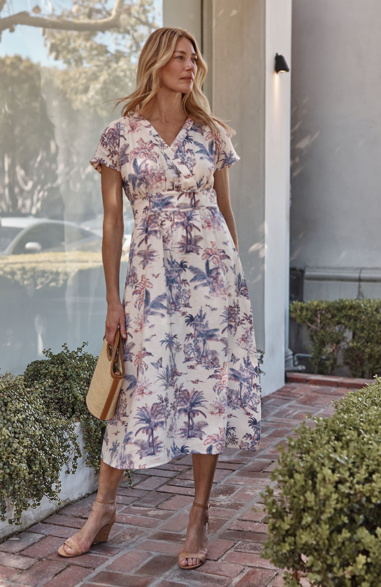 Jjill Tall Printed Linen Midi Dress In Pale Rose Vintage Toile