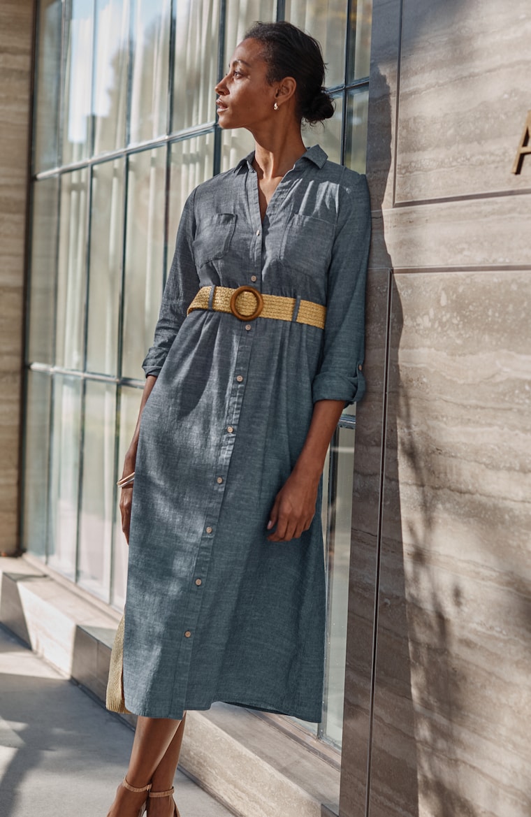 chambray shirt dress Women's Made The Right Call Blue Collared Midi T-Shirt | Size: L cool style to the front of a chambray dress featuring golden stitching and adjustable ties at the wrap Women's Izmir Chambray Dress Chambray