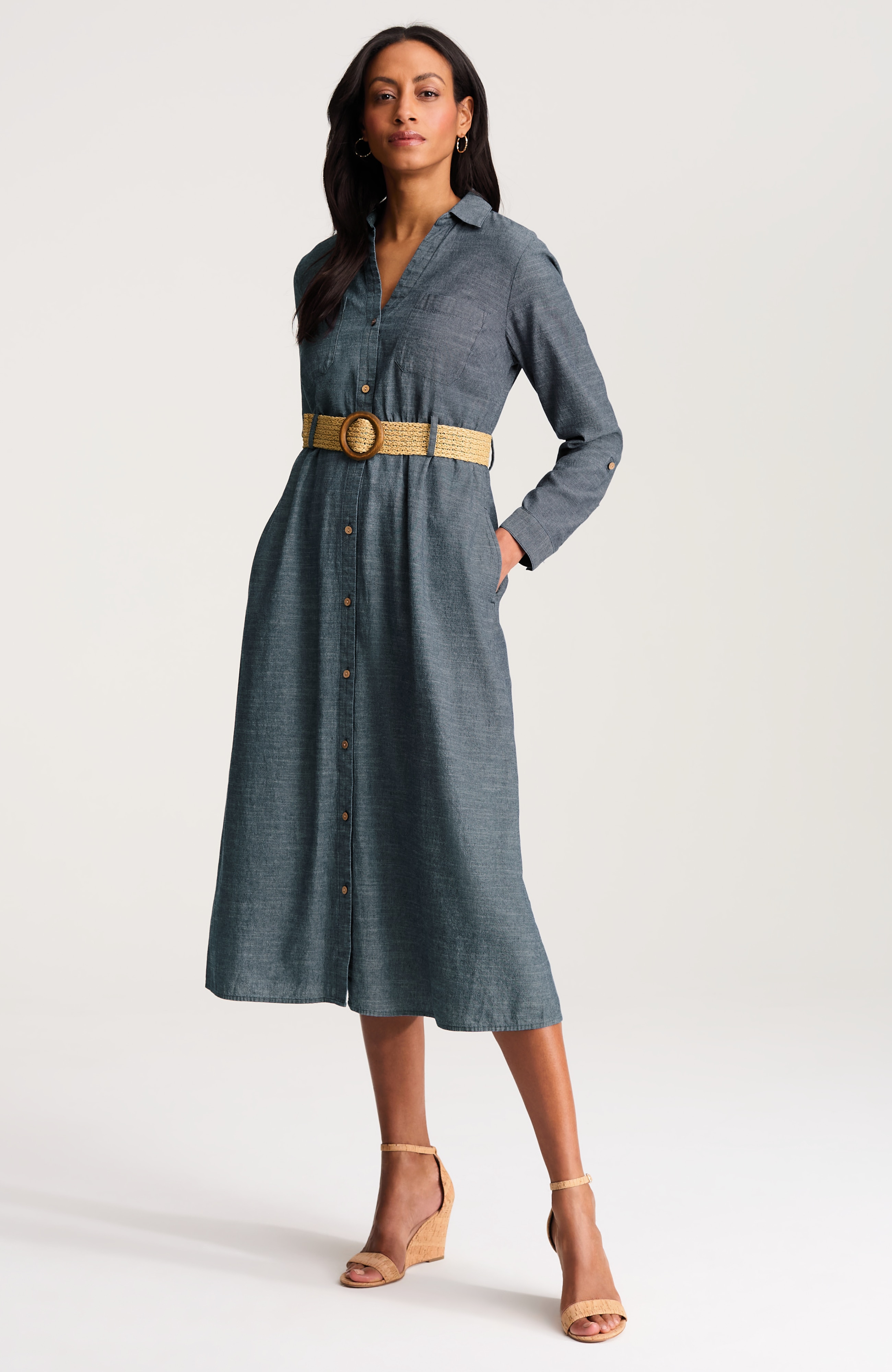 belted chambray shirtdress