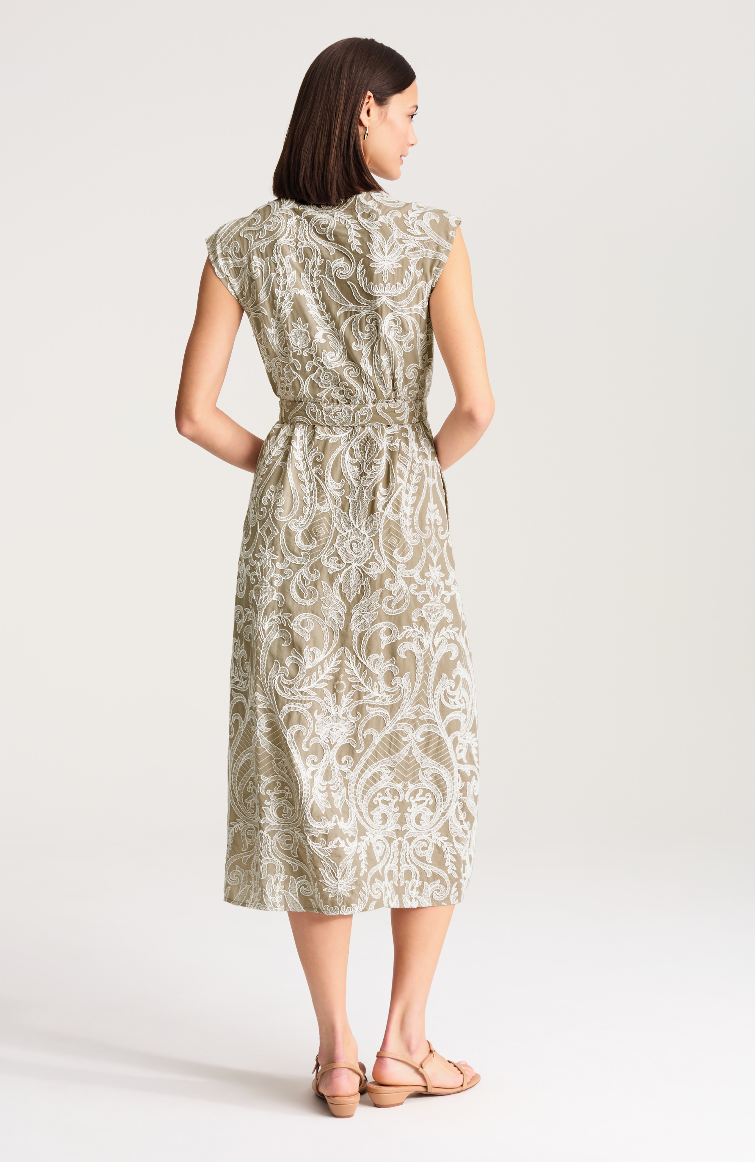 embroidered tie-waist midi dress