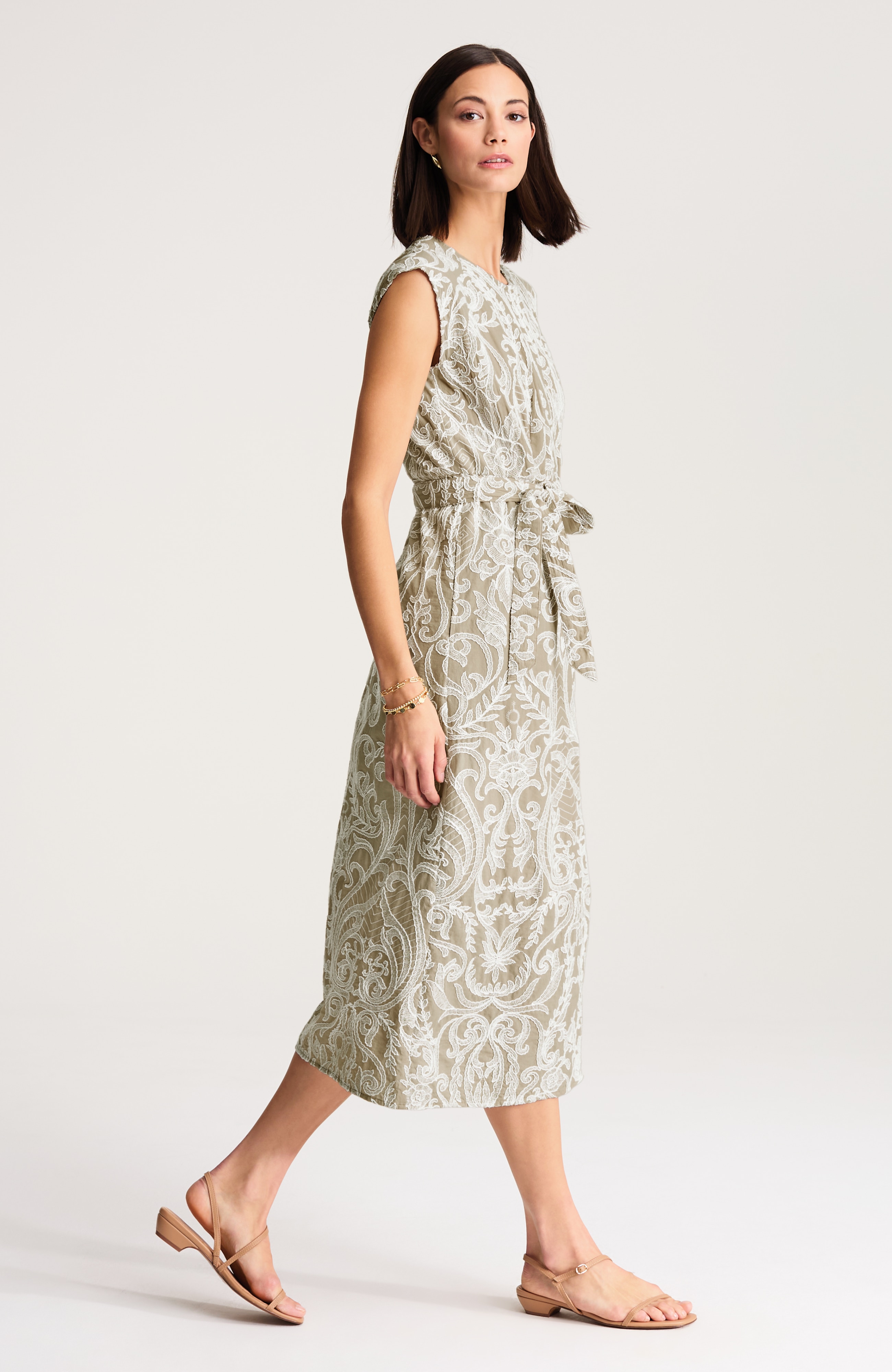 embroidered tie-waist midi dress