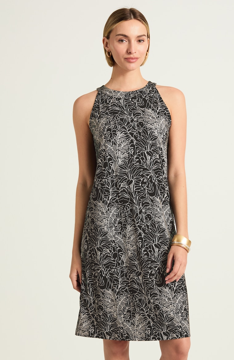 a line shift dresses for women Women's Petite Printed A-Line Dress (Black Illustrated Jungle) (Size: LP) event:Graduation