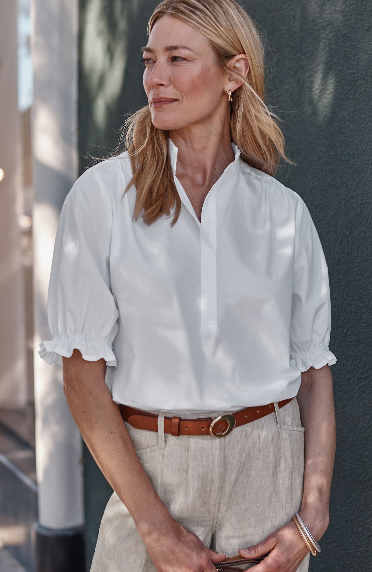 Jjill Petite Ruffled Cotton-poplin Top Pullover In White