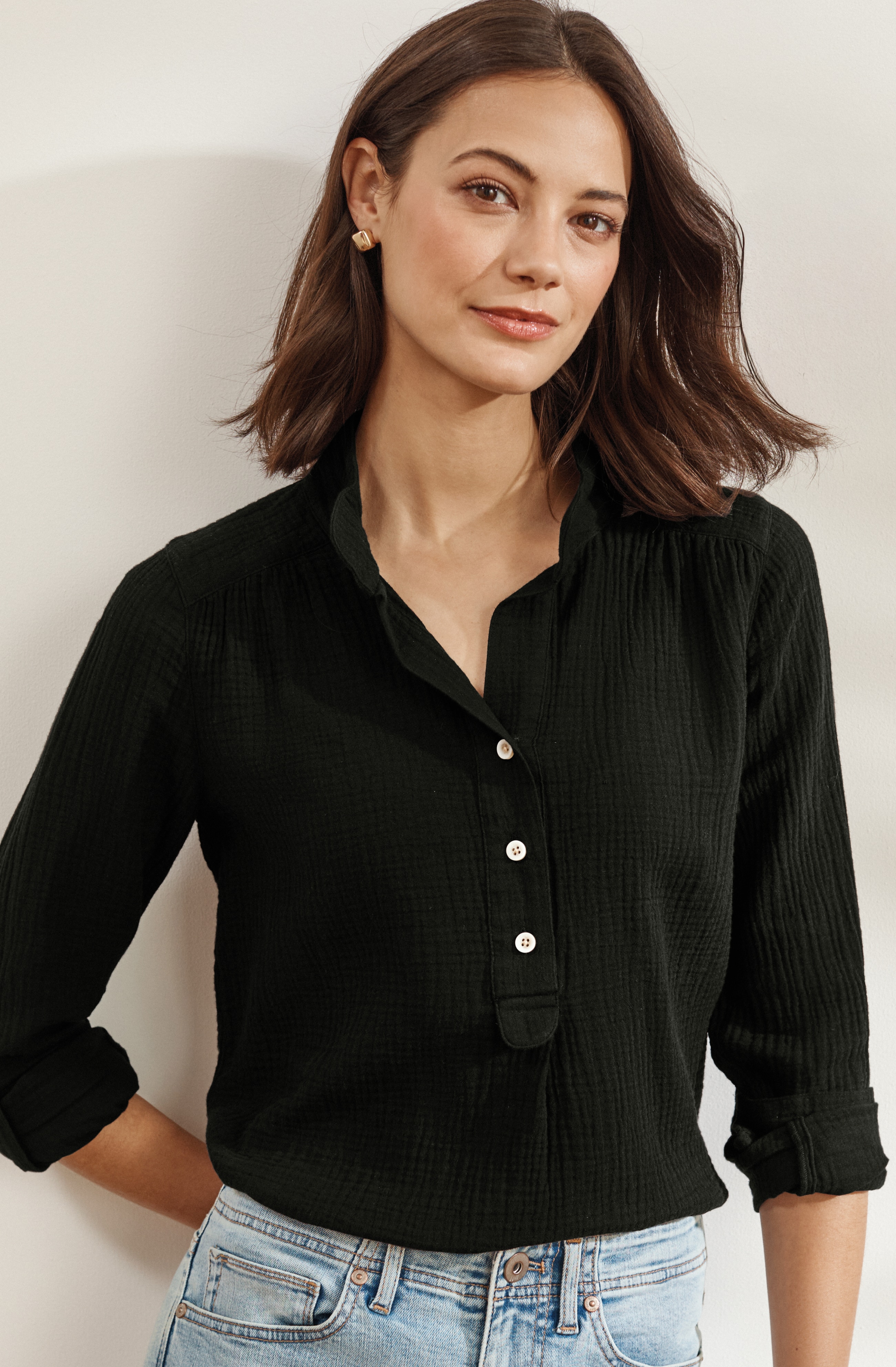 Cotton-Gauze Henley Popover | JJill