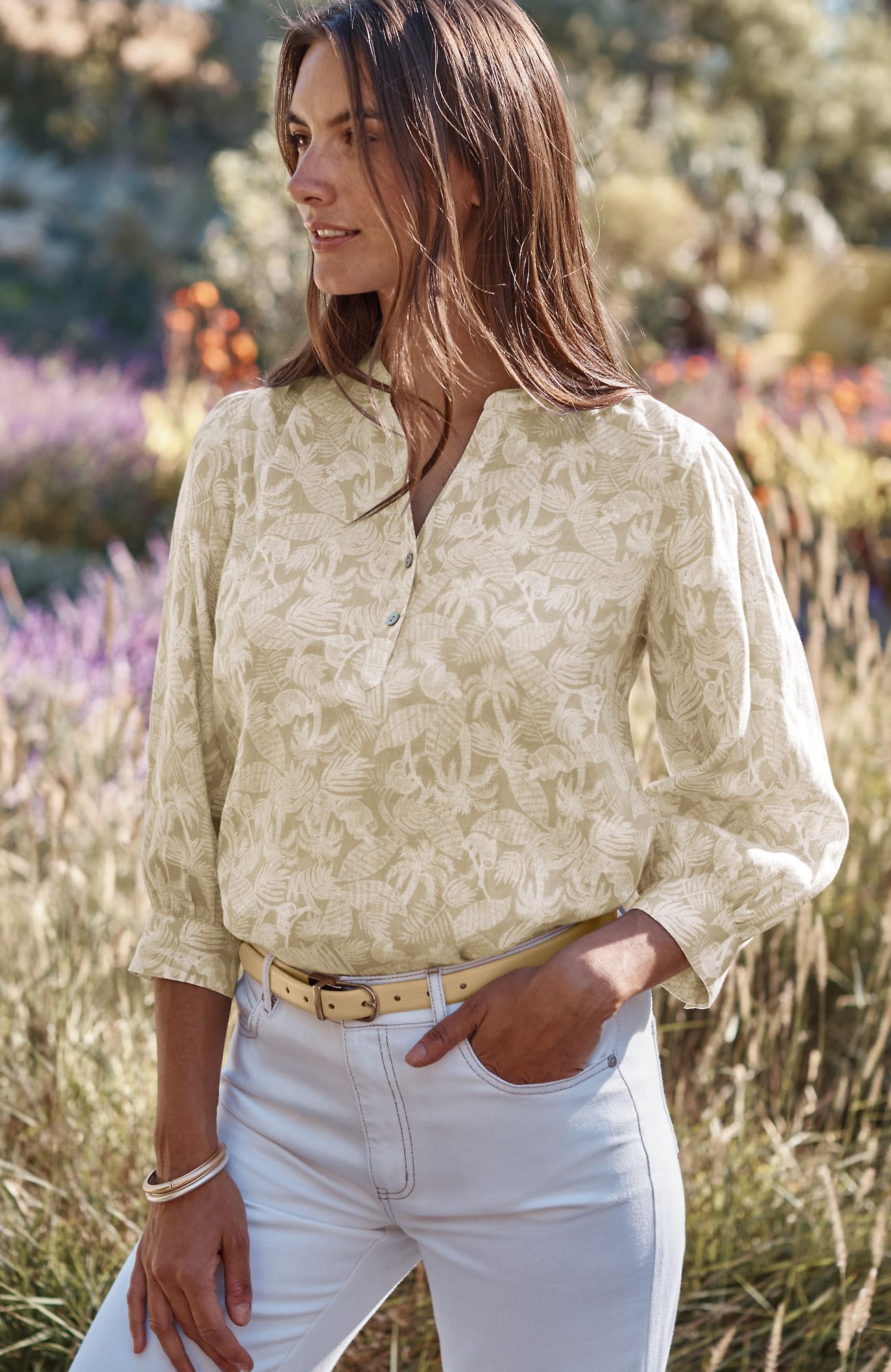 Women's Plus Size Linen Puff-Sleeve Popover (Sand Dune Tropical Escape) (Size: 3X) J. Jill